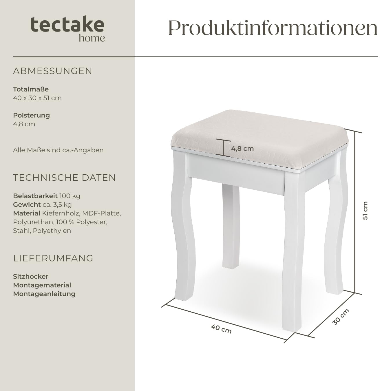 tectake® Schminkhocker, Schminktisch Stuhl, Hocker als Schminktisch Zubehör oder Klavierhocker, Schminkstuhl für Dressing Table, Vanity Table, Vintage Deko Aesthetic - 40x30x51cm, weiß