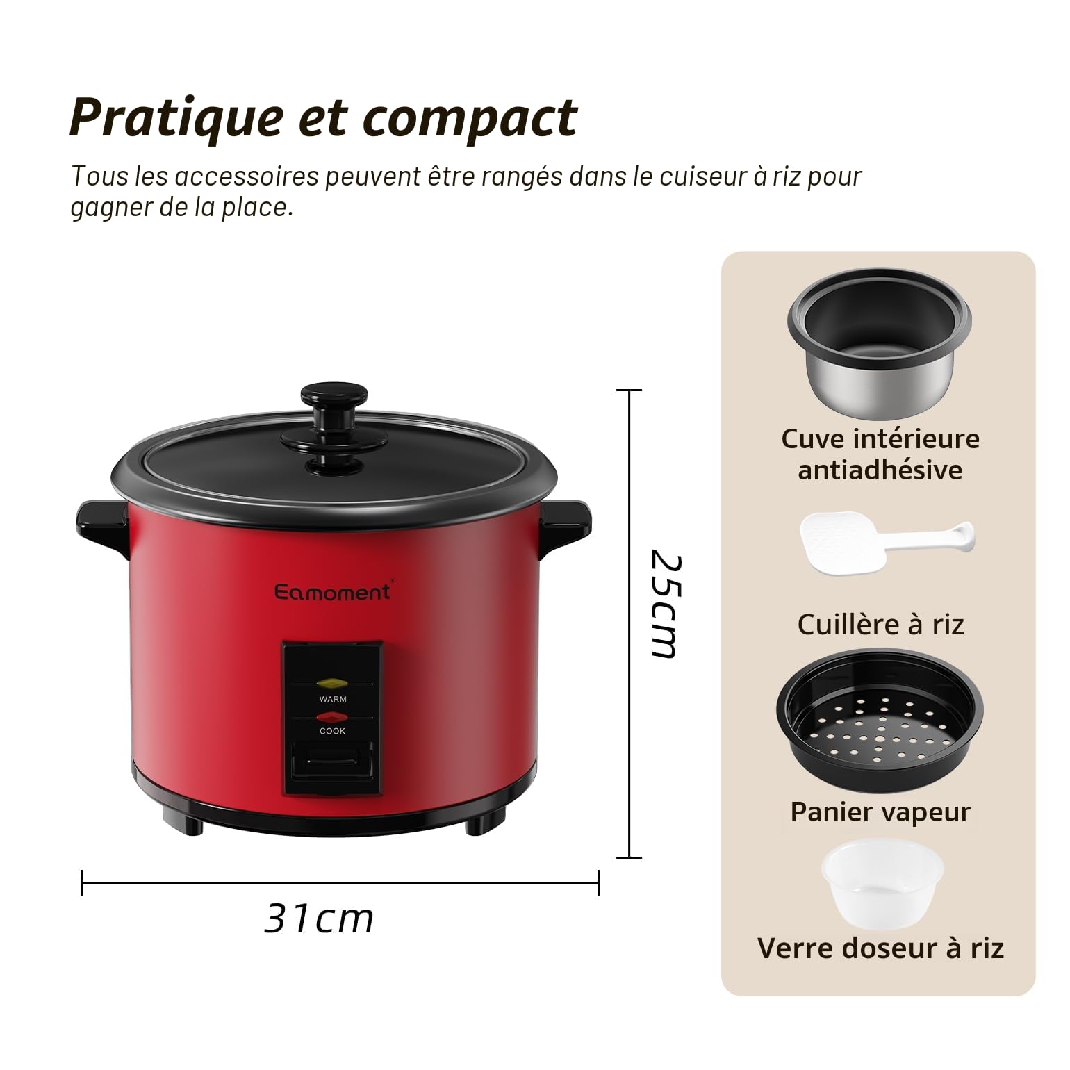 ERC-10CRD 1.8L | 700W cuiseur à riz et insert vapeur noir chaud et cuire 1-10 personnes marmite à revêtement antiadhésif, cuillère à riz et tasse à mesurer, couvercle en verre