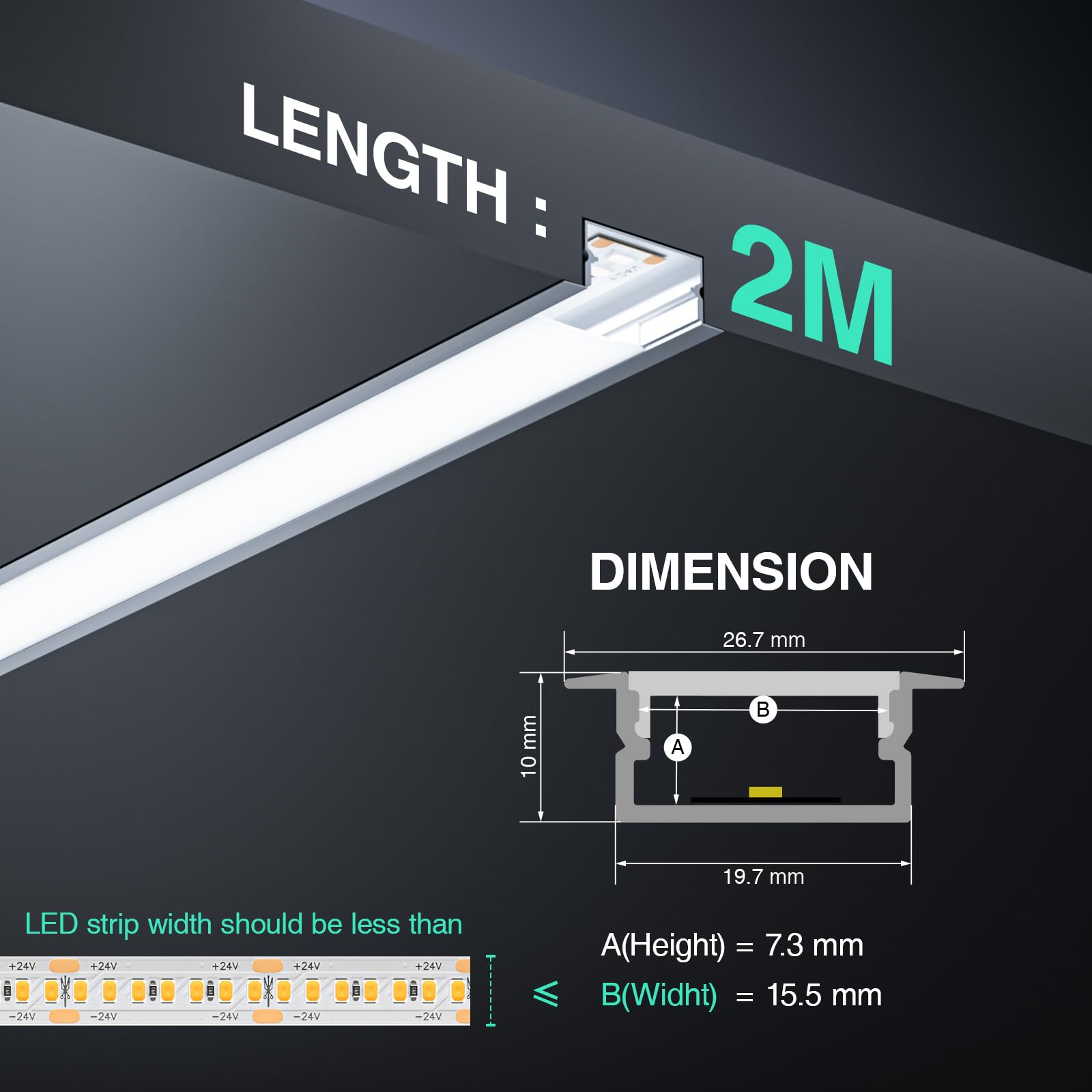 Perfil LED para paneles de yeso, 2 m x 6 unidades, perfil en U para tiras LED de hasta 15,5 mm, tamaño 19,7 (alas 26,7 mm) x 10 mm, con difusor de luz de PC, perfil de montaje con accesorios de