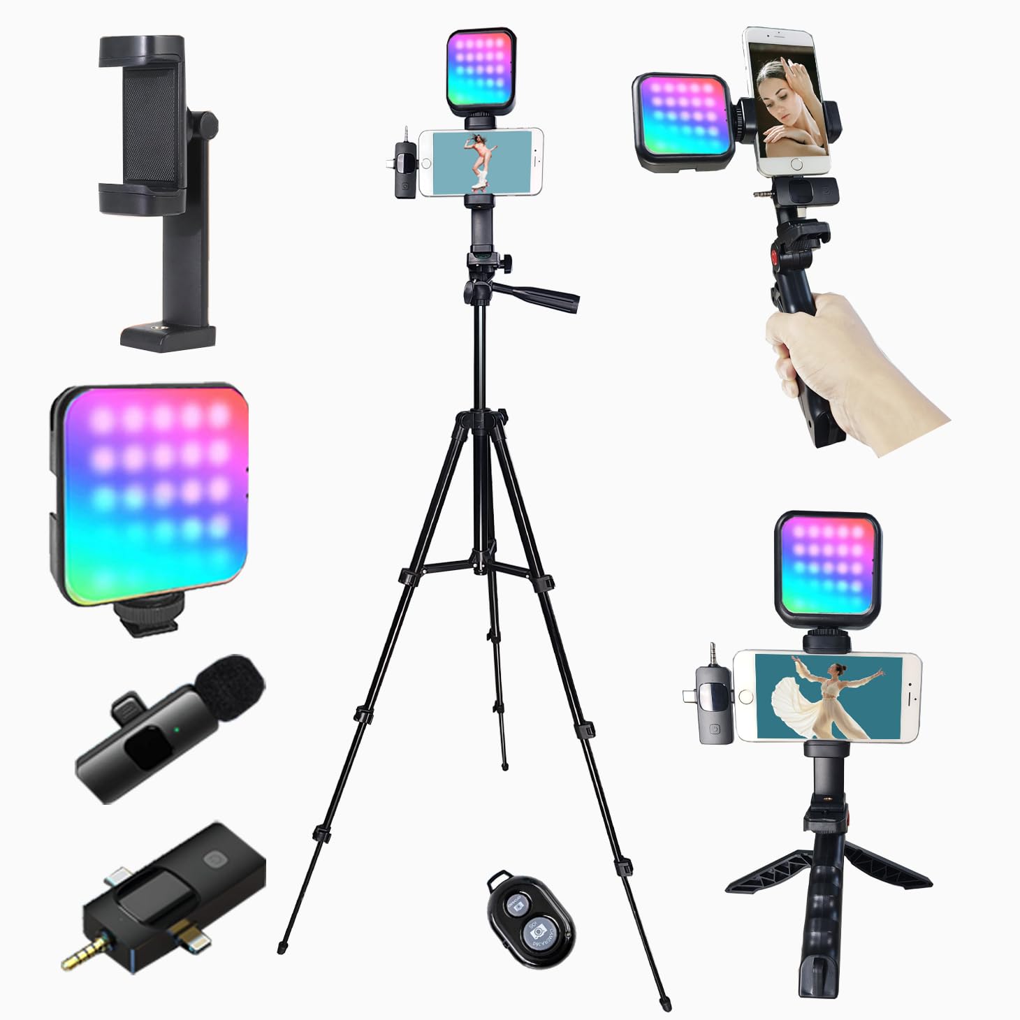 Vlogging Kit pour iPhone Andriod Phone, Kit Youtuber Complet, kit vidéo Influenceur Trípode móvil W/micrófono inalámbrico/Luz RGB/remoto/trípode Extensible