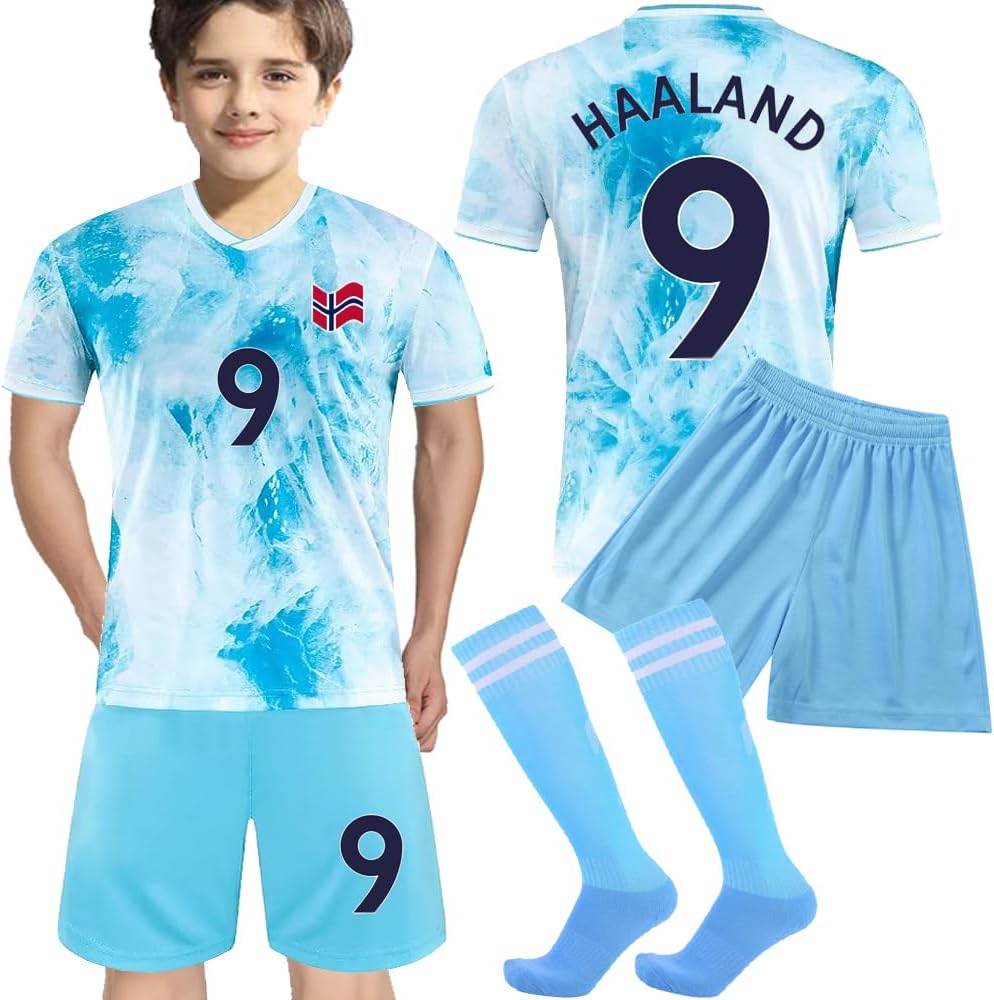 Casmyd Kids Youth HAA’landd Jersey+Soccer Shorts for Boys #9 Halland Norway Football Sports Team Ice Graphic T-Shirt Kit