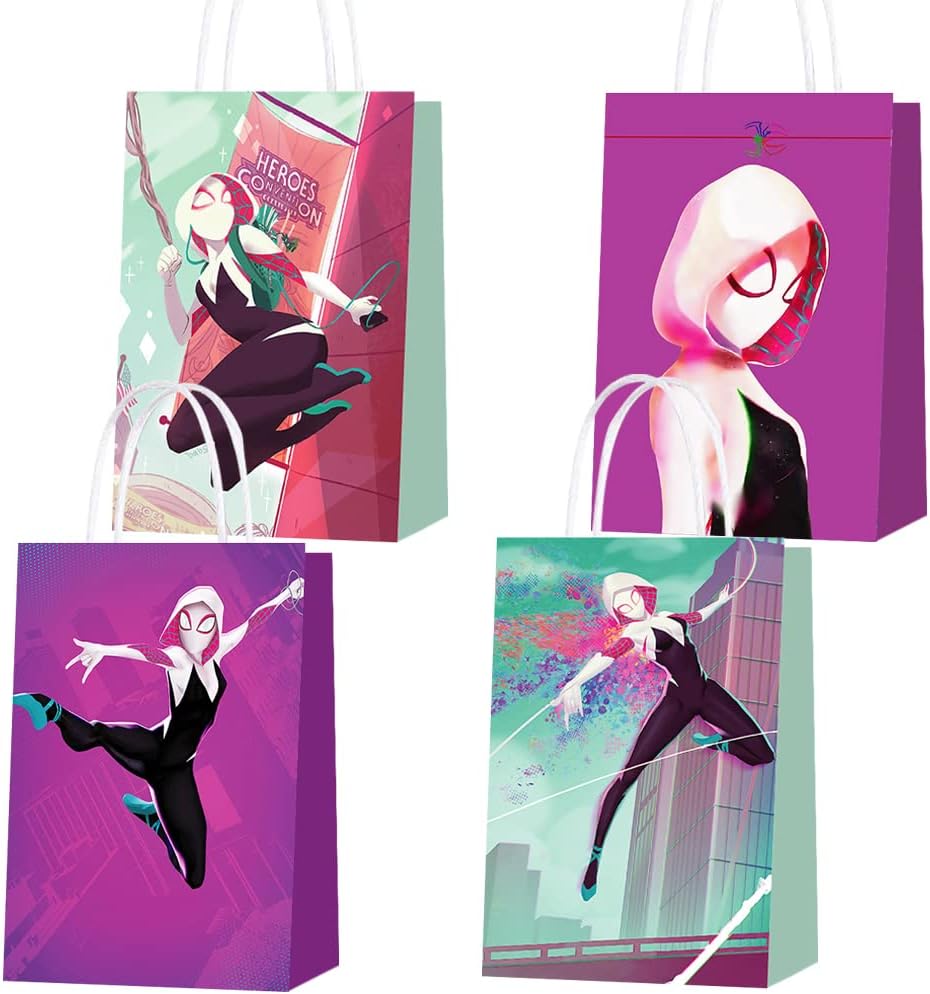 GANKTOWCOY Cartoon Paper Bags, Contains 16 pcs Paper Bags in 4 Styles, Pink cartoon Birthday Party Decorations for Girl and Boy