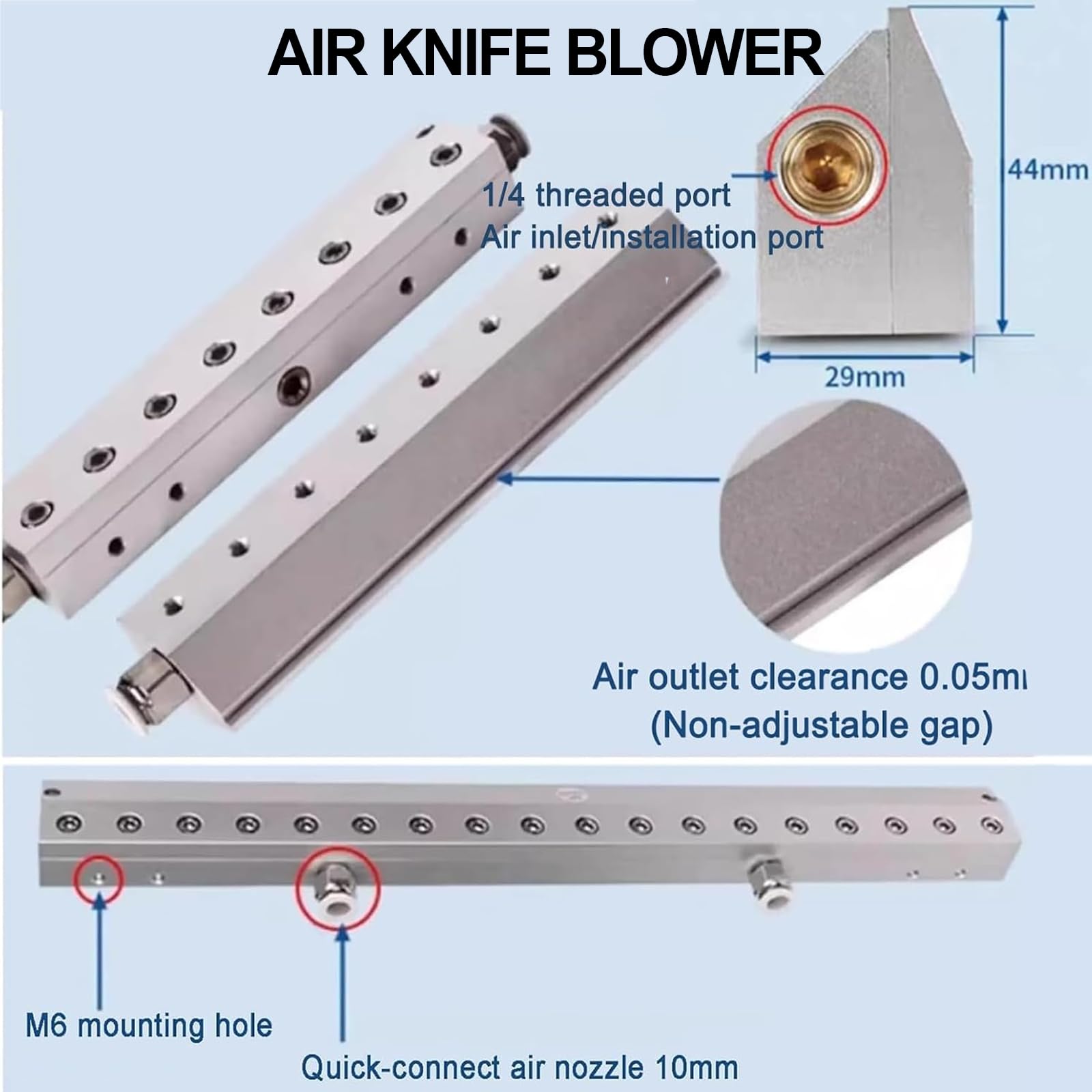 Soffiatore a lama d'aria, lama in lega di alluminio per soffiare polvere con filettatura da 1/4", spazio di uscita 0,05 mm, ideale per la rimozione di polvere e acqua nelle linee di produzione