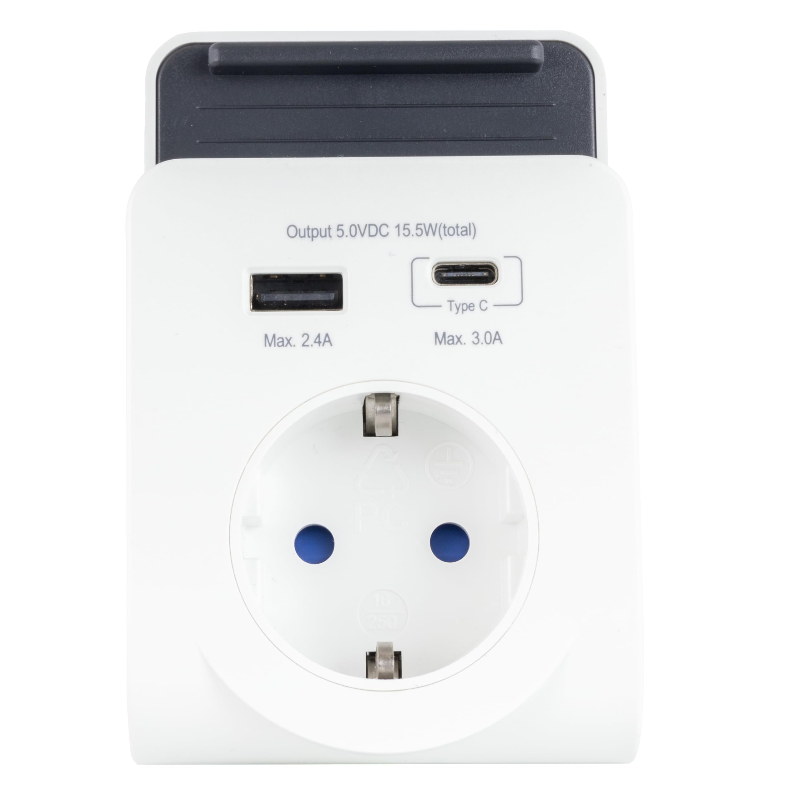 REV Ładowarka USB – adapter gniazda wtykowego z praktyczną półką na smartfon, w zestawie USB (typ A i C), gniazdko 230 V, kolor biały