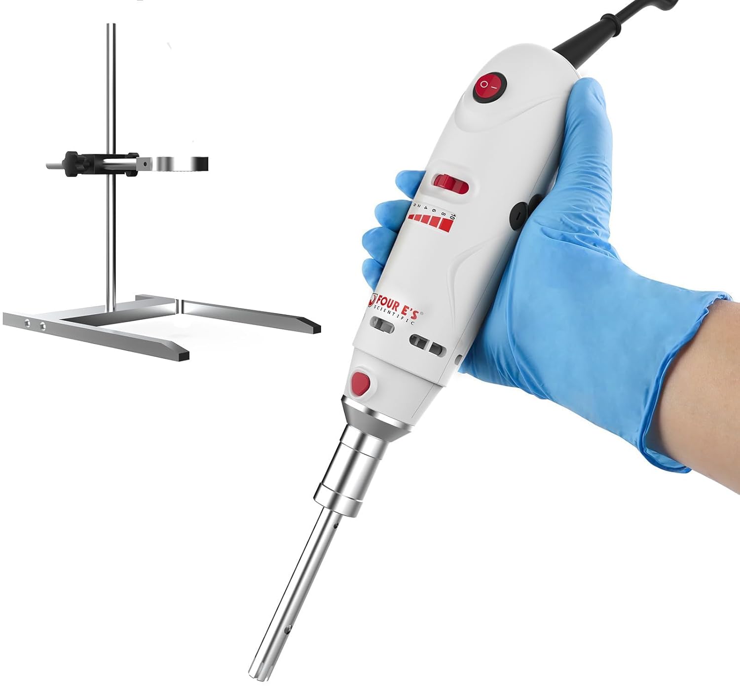 FOUR E'S SCIENTIFIC Lab Homogenizer 8000-30000rpm with Stand, High-Speed Handheld Homogenizer Emulsifier with 10mm 316L Stainless Steel Probe 1mL-250mL