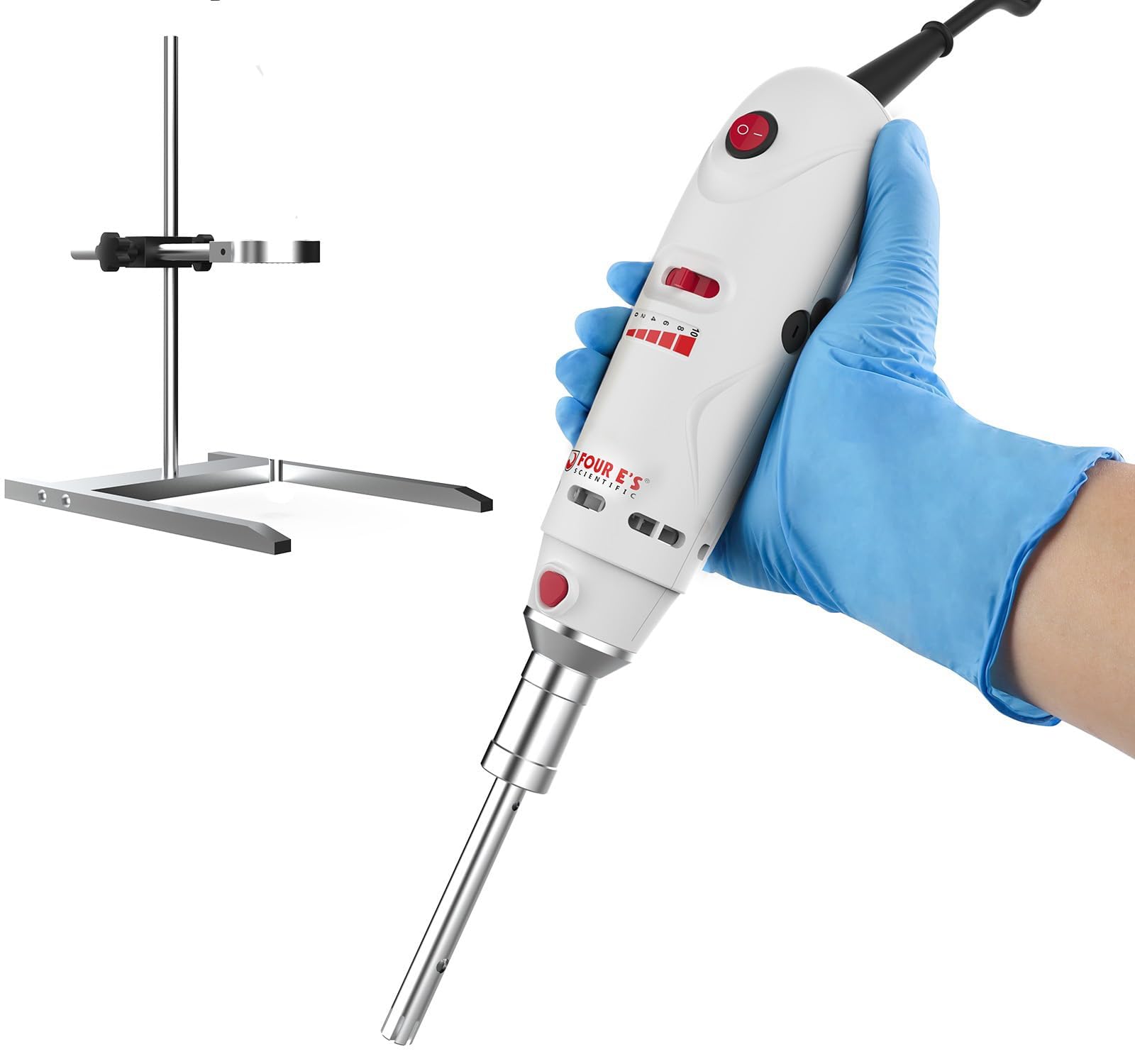 Photo 1 of FOUR E'S SCIENTIFIC Lab Homogenizer 8000-30000rpm with Stand, High-Speed Handheld Homogenizer Emulsifier with 10mm 316L Stainless Steel Probe 1mL-250mL