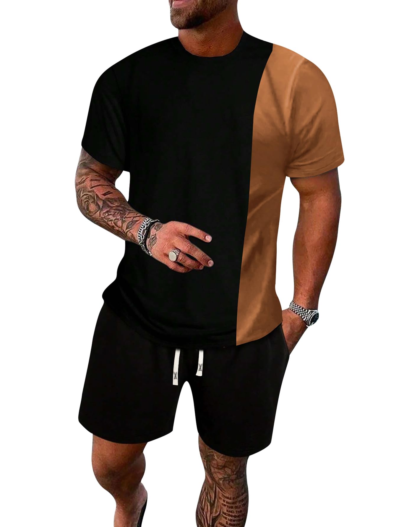 Conjunto de camiseta de verano para hombre, ligera, de manga corta, con bloques de color, sencillo, a la moda, informal, vacaciones, deportes, fitness — view 10