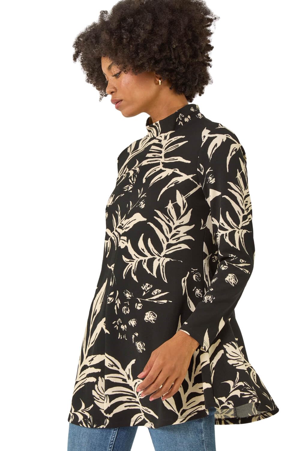 Roman Originals Women's Black Floral High Neck Swing Top For Uk - Everyday Autumn Winter High Neckline Comfy Soft Evening Vacation Work Party Night Out - Size 14
