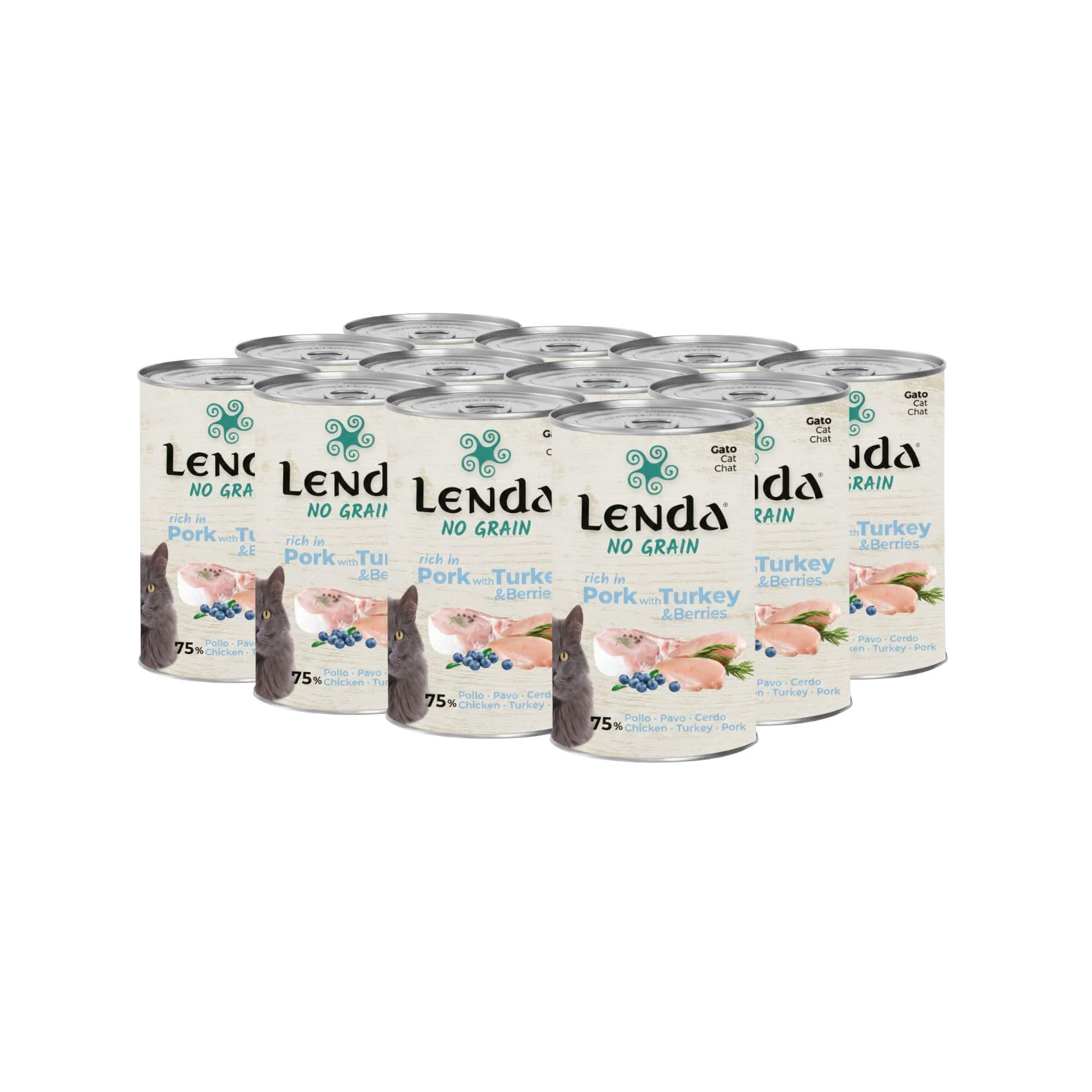 Lenda - Pack 12 x 400g Comida Humeda de Gatos Premium - Cerdo con Pavo y Arandanos - Comida Blanda para Gatos sin Gluten ni Grano - con Glucosamina y Condroprotectores - con Malta y Multivitaminas