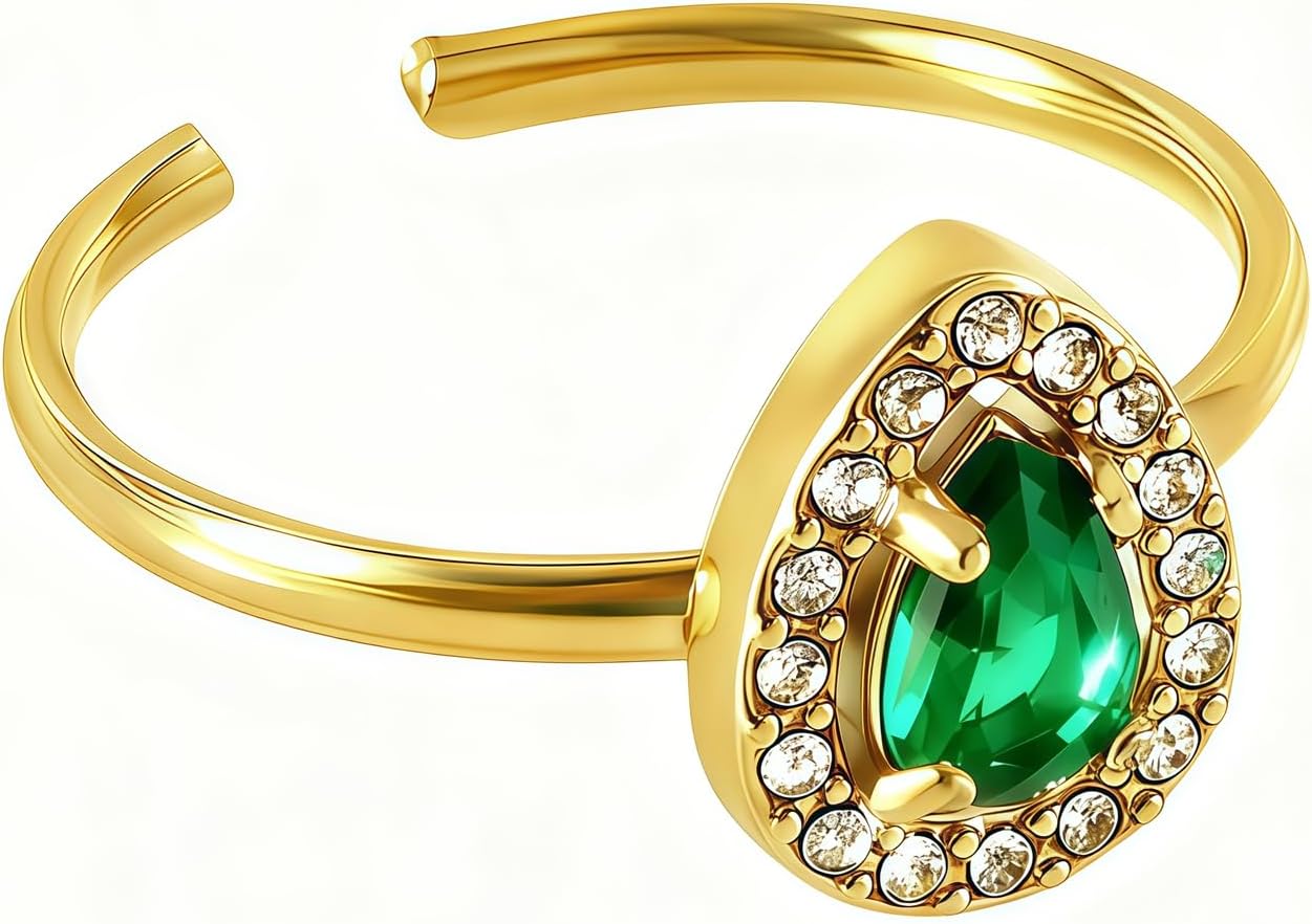 18K Gold Plated Birthstone Rings for Women Bride Teardrop Cubic Zirconia Ring Dainty Gemstones Open Adjustable Band Trendy Jewelry for Her Wedding Engagement Birthday Gifts