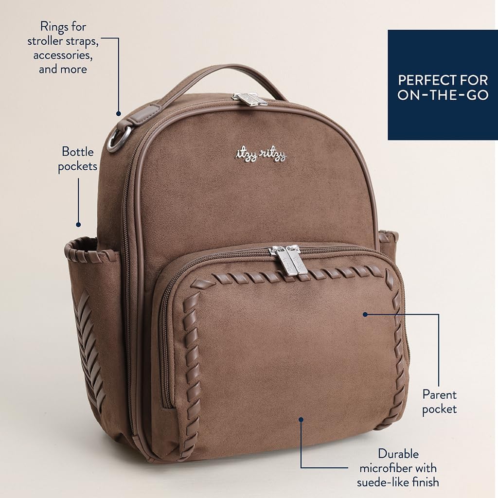 Itzy Ritzy Mini Diaper Bag Backpack – Chic, Compact Mini Plus Backpack with Changing Pad, 10 Pockets (6 Internal, 4 External), Grab-Top Handle & Rubber Feet (Aspen)