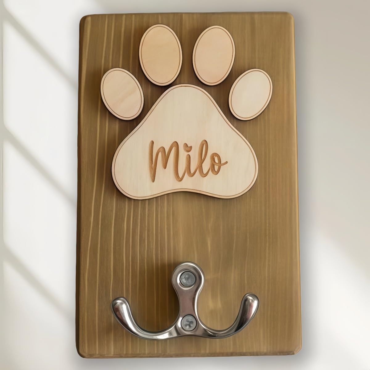Personalized Dog Lead Holder, Custom Engraved Name Paw Print Wood Hook, Pet Collar and Leash Storage, Functional Home Decor Signs and Plaque for Wall Keys Claw Gift(Light brown)