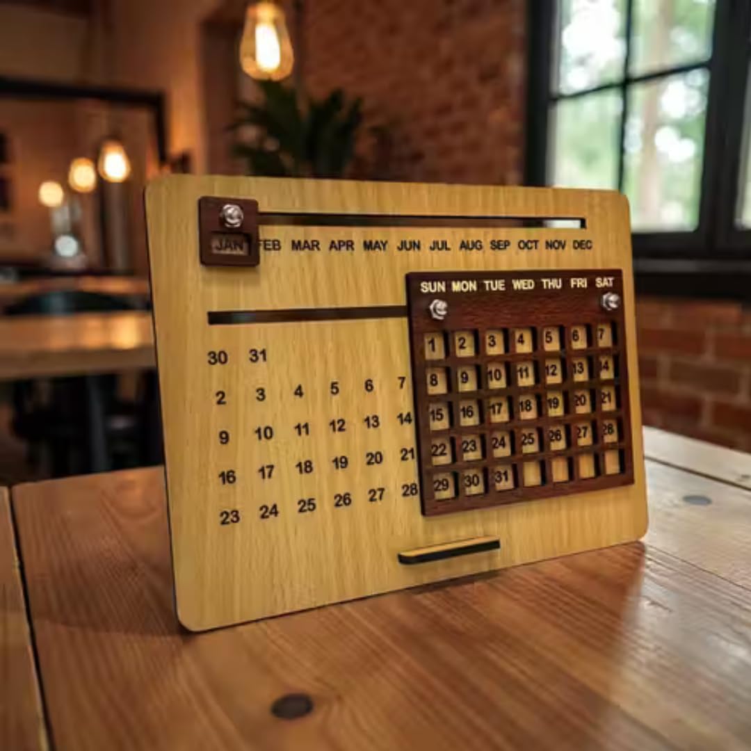 Wooden Desk Calendar, Perpetual Table Calendar, Reusable with Movable Date Blocks, for Desk and Office-image-36