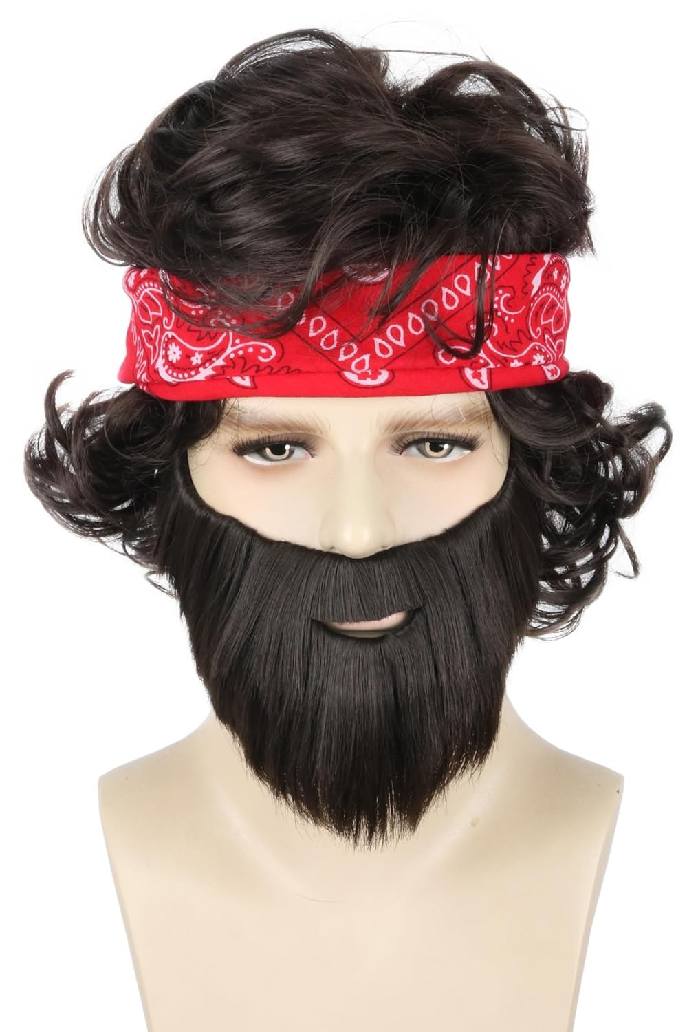 LeMarnia Mens Costume Wig and Fake Beard Turban Set Brown Short Curly Men Wigs for Halloween Cosplay Costume Party Funny Wigs