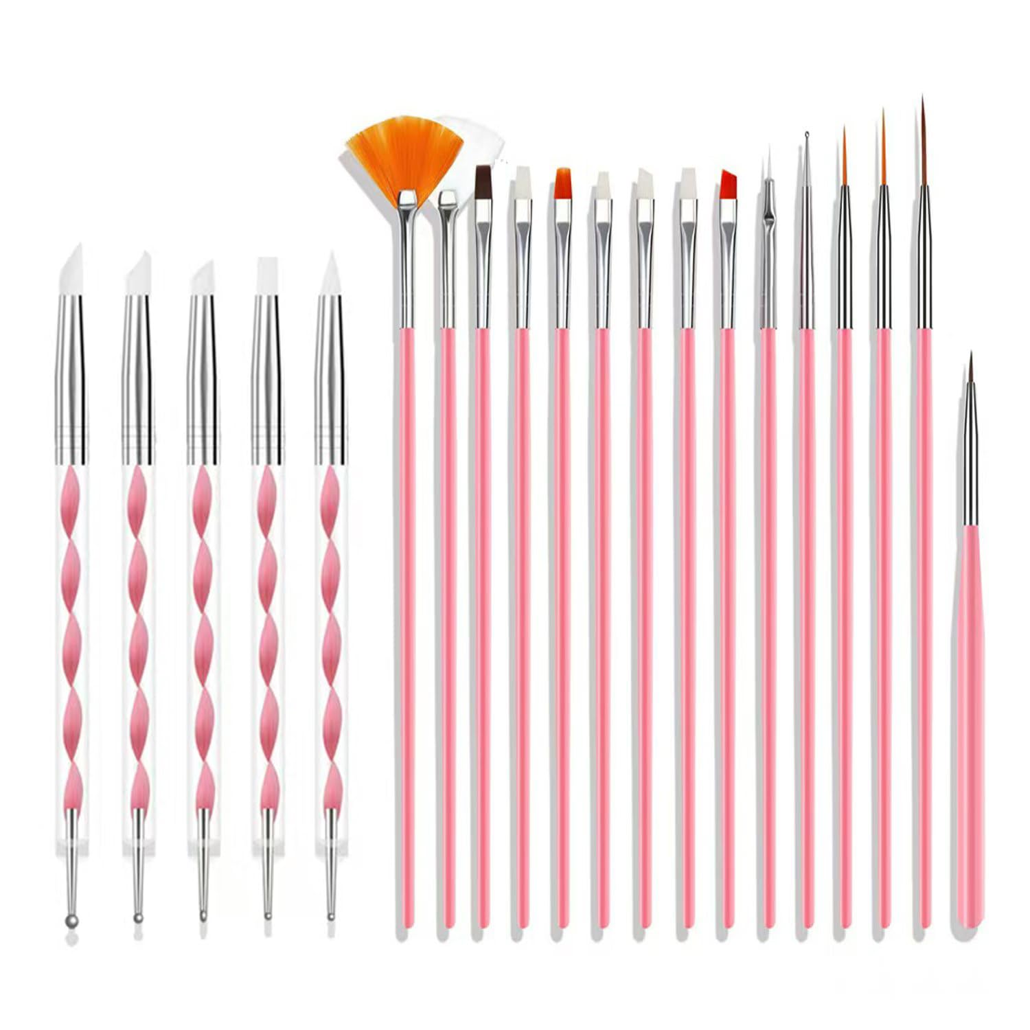 ZEOHBETY Nail Art Brushes Set, 20pcs Nail Art Design Tools, Acrylic Silicone Carving Pen, Dotting Pen, Nail Fine Liner Brushes, Extension Gel Brush, Polish Brush, Builder Brush, Pink and Pink