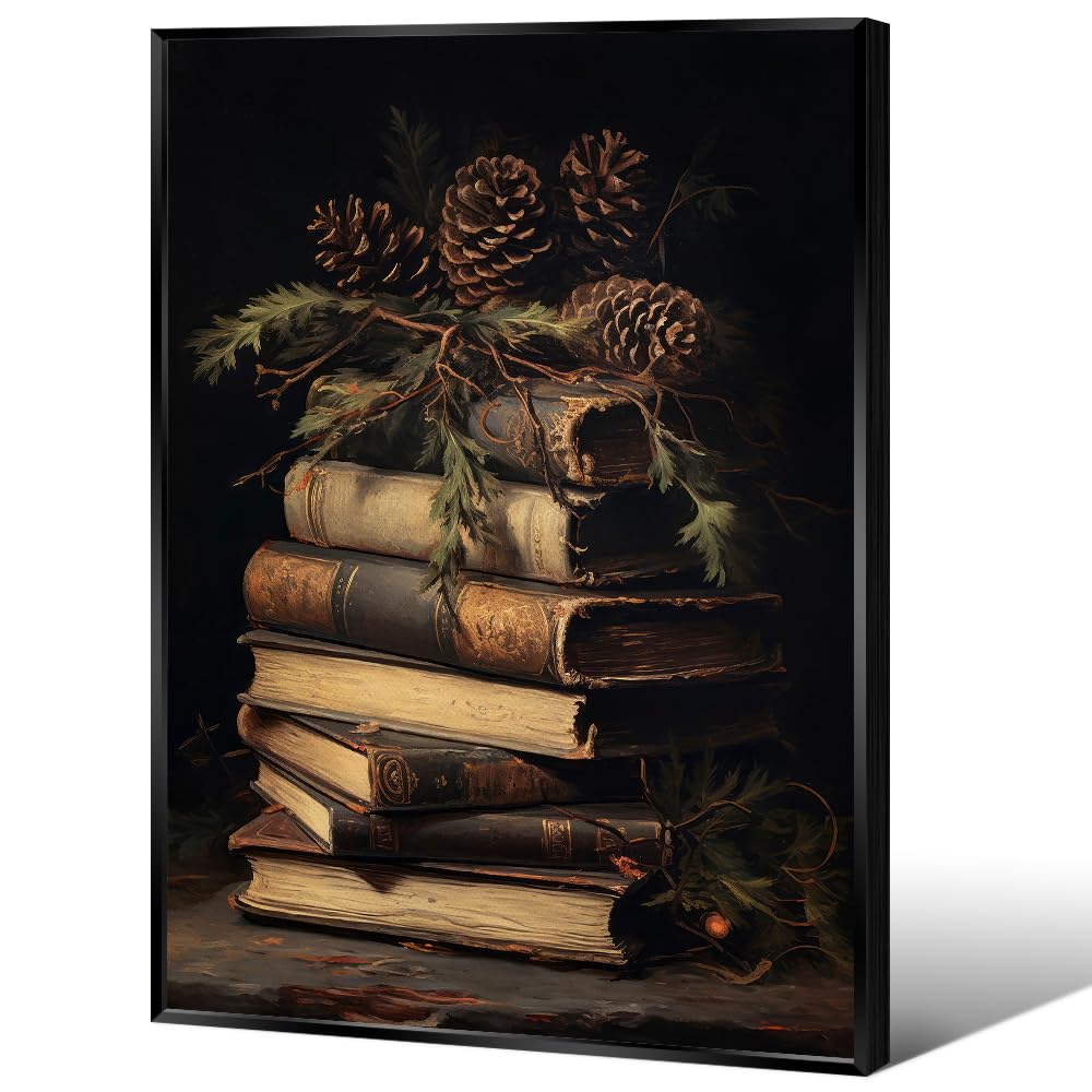 Vintage Canvas Wall Art Country Winter Wall Art Books Still Life Pictures Print Poster Dark Academia Victorian Room Aesthetic Wall Decor 12x16in Framed