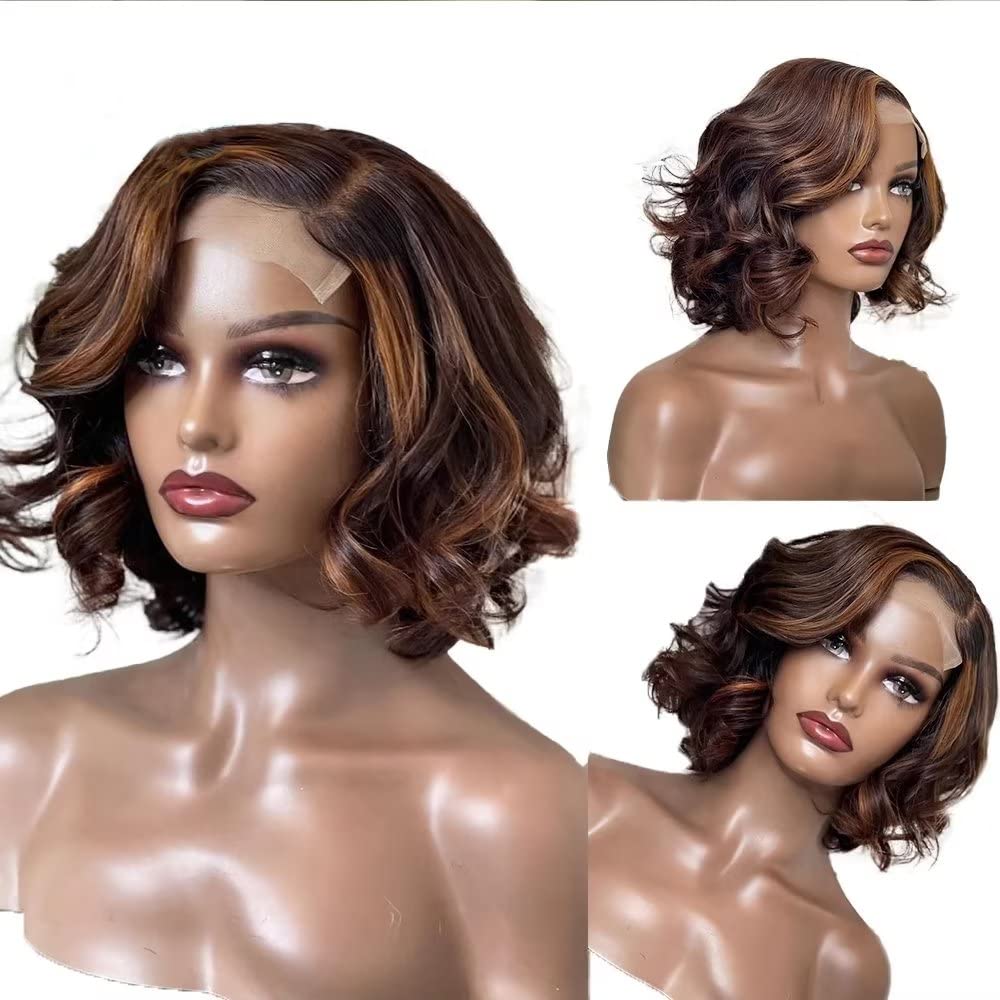 ten chopsticks Ombre Highlight Lace Front Wig Human Hair Wig 4T/30 Colored 13x6 Glueless HD Transparent Short Body Wave Bob Lace Front Wigs Pre Plucked 150% Density Human Hair Wigs