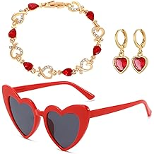 Valentines Accessories for Her - Red Silver Bracelet, Heart Earrings for Women, Red Sunglasses, Gifts for Women