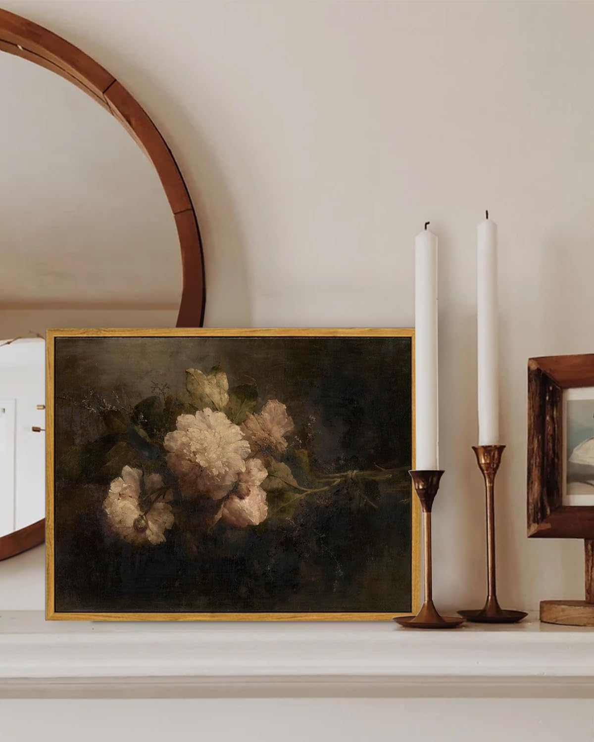 KBKBART Gerahmte Vintage-Leinwandkunst, dunkles Vintage-Stillleben-Blumen-Ölgemälde, klassische stimmungsvolle Pfingstrosen-Blumenstrauß-Drucke für Wanddekoration, antikes Blumen-Kunstgemälde
