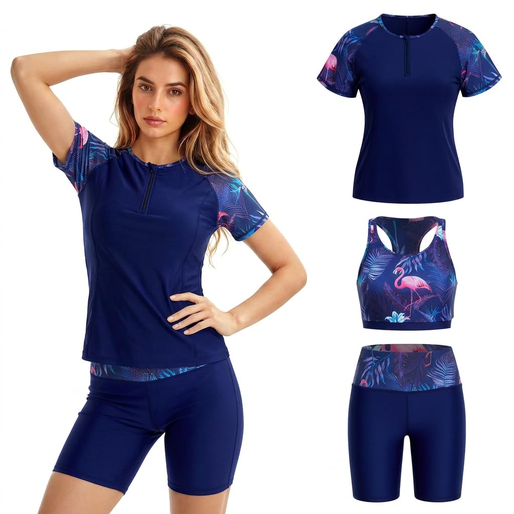 Owntop Rashguard UV Ensemble 3 pièces pour femme – Maillot de bain à manches courtes avec débardeur et maillot de bain, maillot de bain à séchage rapide avec protection UV pour la plage, la natation