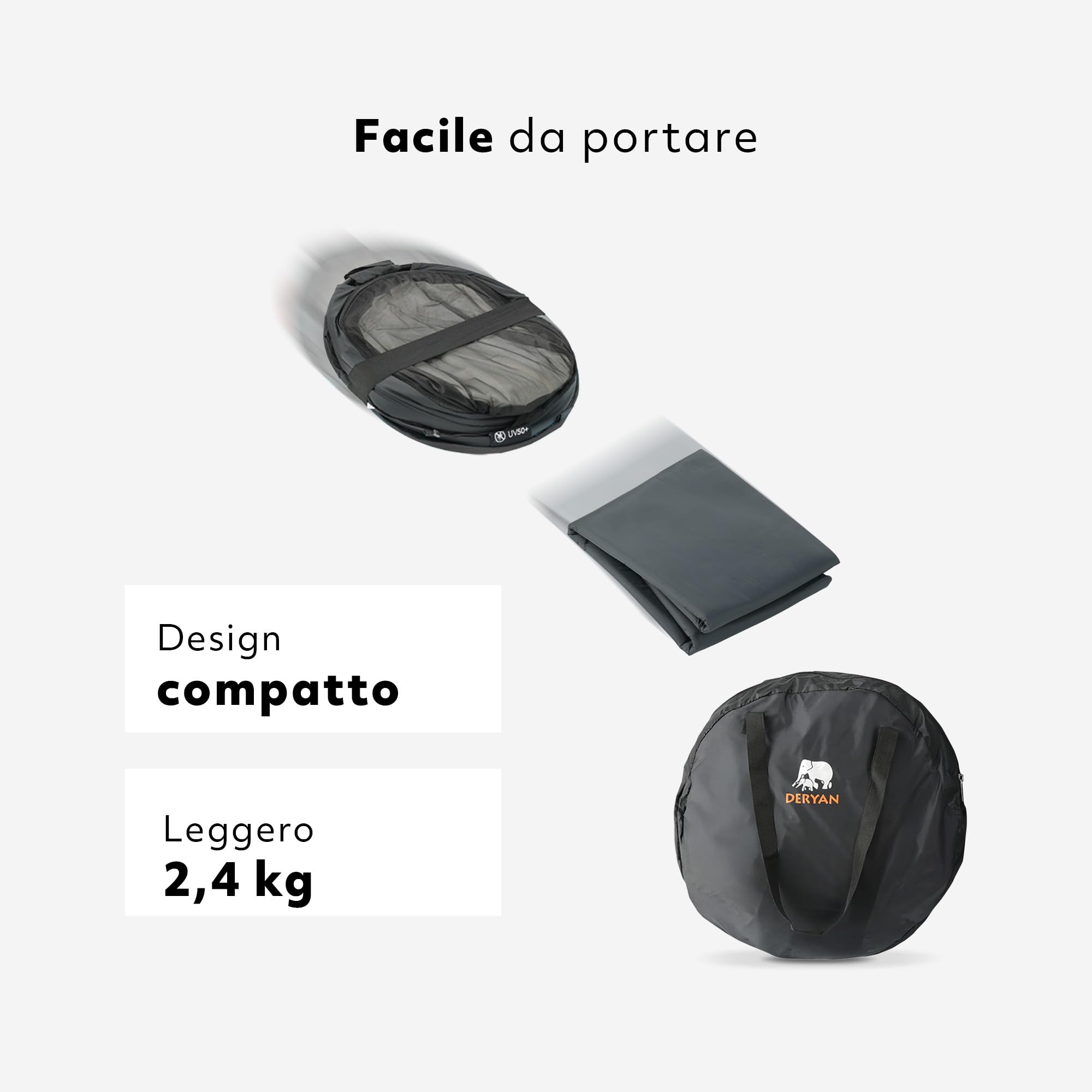 DERYAN Lettino da viaggio Peuter Luxe - Nero - Sistema pop-up - Set-up in soli 2 secondi - Copertura in cotone con cerniera, materasso ad aria autogonfiante e borsa per il trasporto
