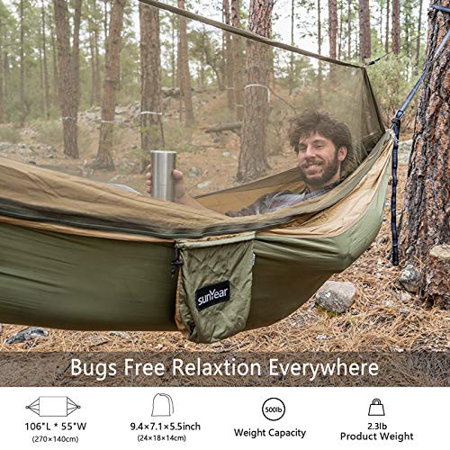 Image of Sunyear Hammock Camping with Net /Netting, Portable Camping Hammock Double Tree Hammock Outdoor Indoor Backpacking Travel & Survival, 2 Tree Straps (16+1 Loops Each, 20Ft Total)