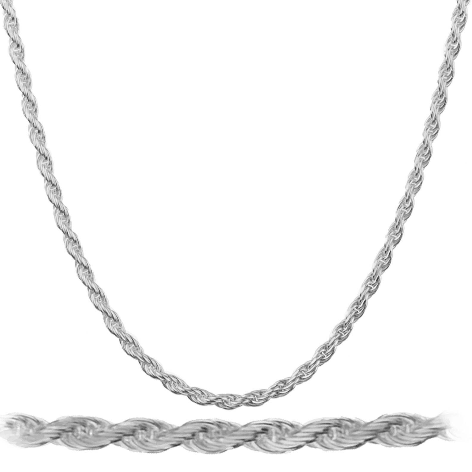 'JOTW Sterling Silver Rope Chain - Comes in 1mm, 2mm or 3mm - Many Styles and Colors to Choose From: Rhodium, Silver, Gold, Box, Figaro, Cuban, Round, etc. - Available in 7'' to 40'''