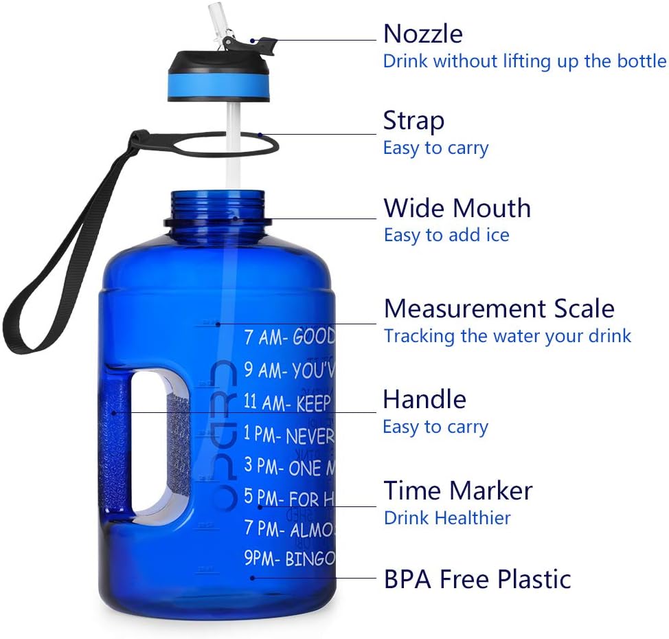 Opard Gallon Water Bottle with Time Marker Straw and Handle 128oz 1 Gallon Water Jug BPA Free Motivational Big Large Sports Water Bottle for Gym Fitness (4-2 Blue)