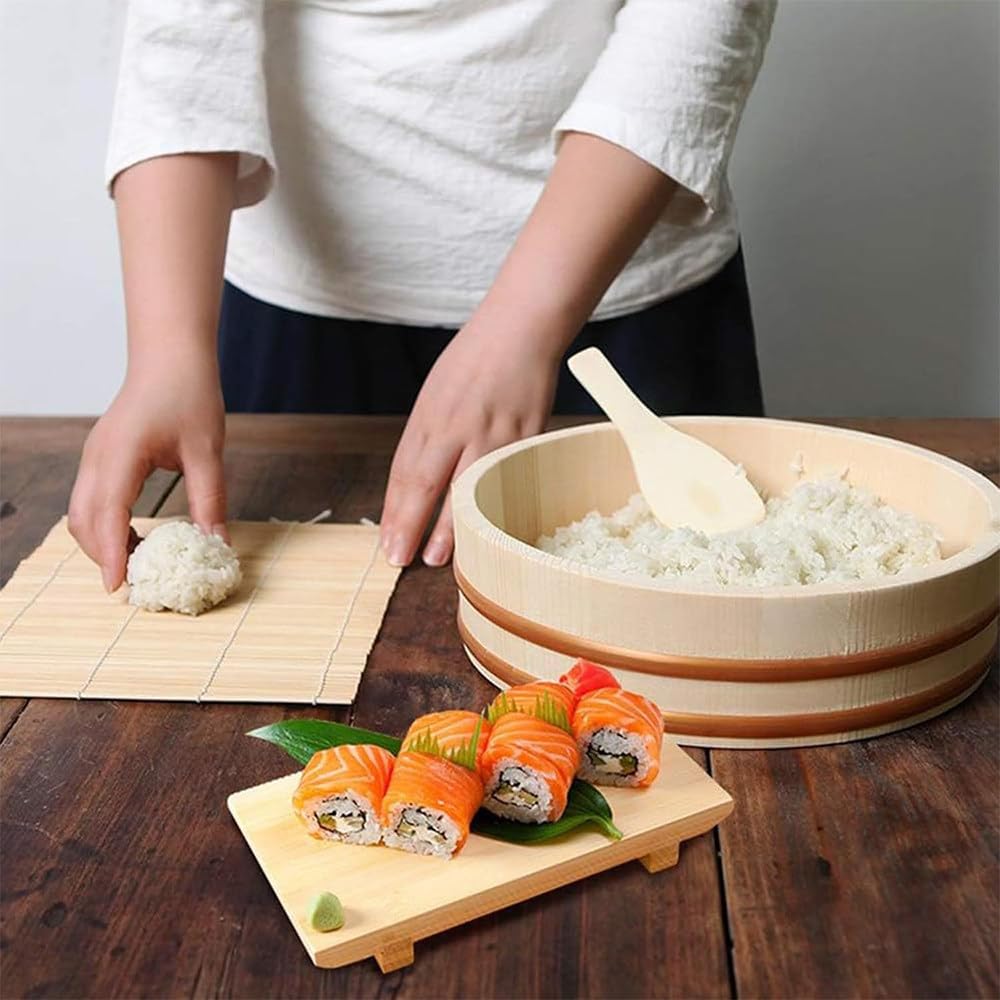 Hölzerne Sushi-Reisschüssel (Hangiri) mit goldfarbenem Rand, perfekt für die Sushi-Zubereitung, zur Aufbewahrung in der Küche und zum Mischen von Reis. Ideal für Anfänger und Profis 48*12cm