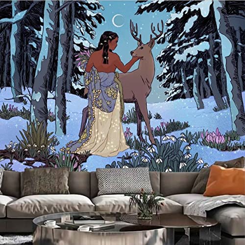 Tenture murale Boho macramé Tigre et Fille grand format 150cm