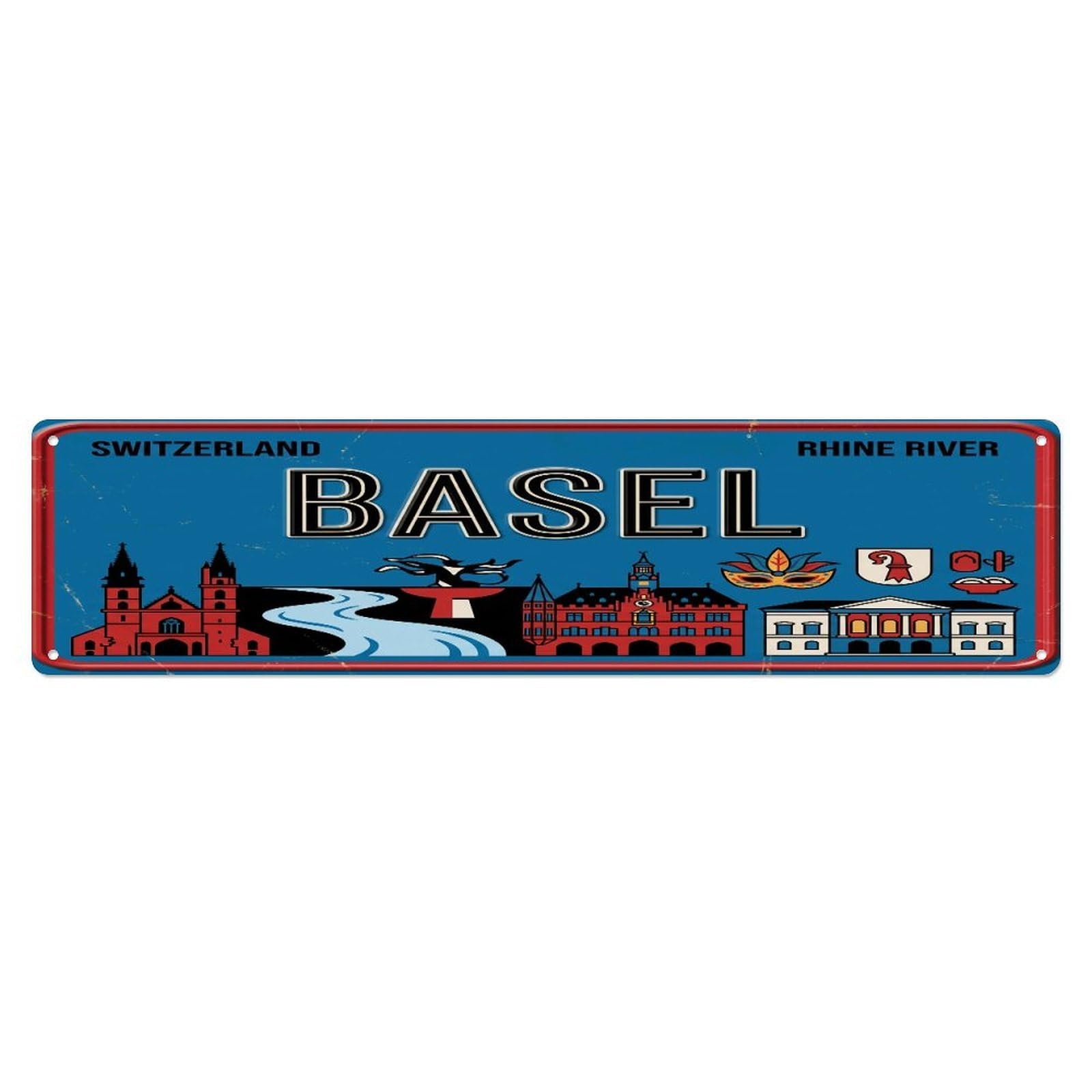 Tgrcjimh Style Metal Tin Sign Vintage Travel Basel Switzerland Rhine River