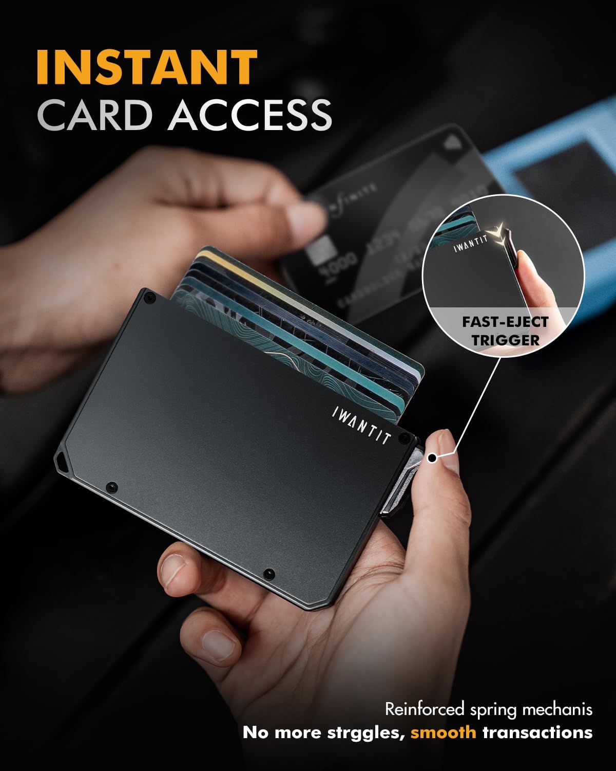 iwantit Pop Up Wallet for Men, Slim Minimalist Credit Card Holder with Money Clip - Man Metal Aluminum Wallet RFID Blocking, Smart Tactical Wallet for Men, Gift for Men (Black) - Image 2