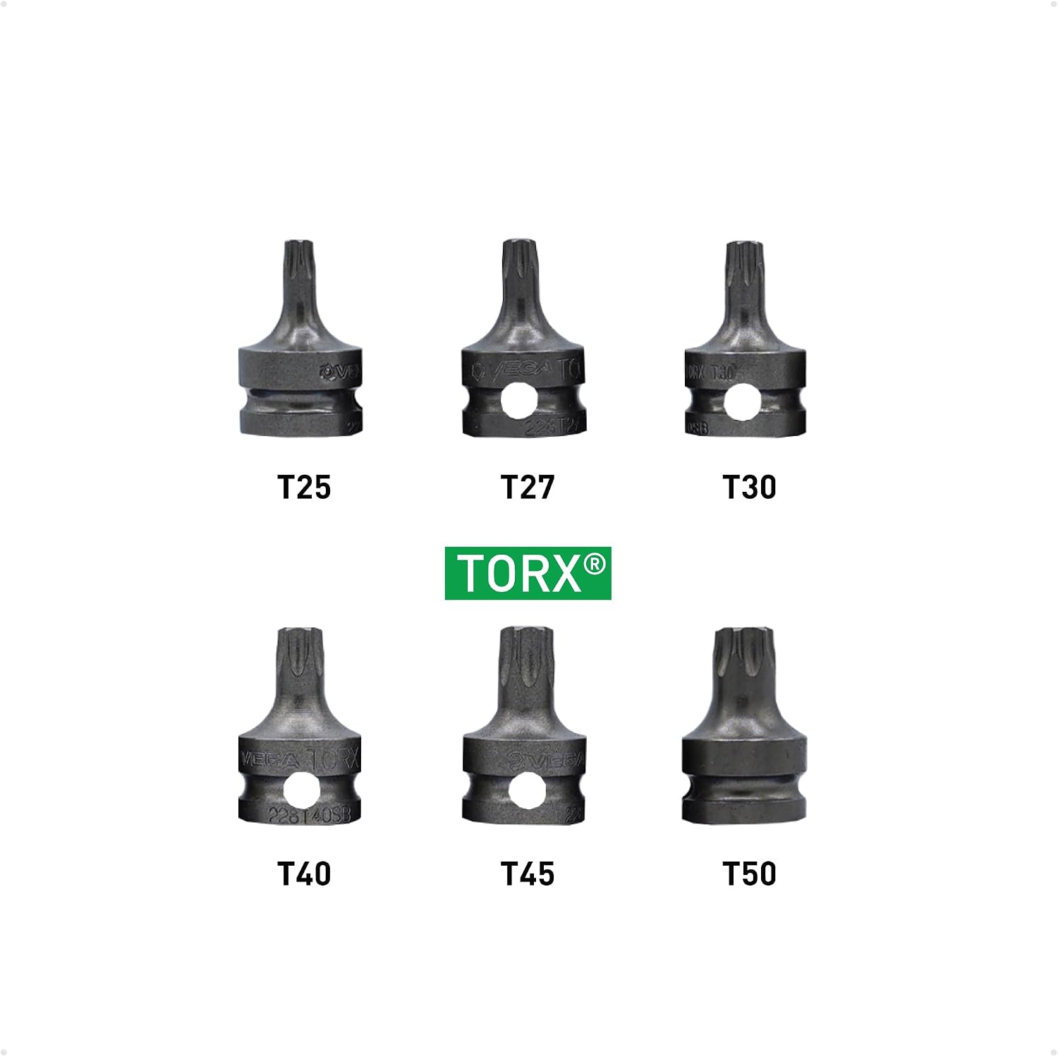 VEGA TORX Bit Socket Set – Professional Grade 3/8″ Drive, 6‑Piece 6 Star Torx Allen Key Sockets, Torque Wrench Compatible, One‑Piece Durable Construction. (Size: T25, T27, T30, T40, T45,T50)