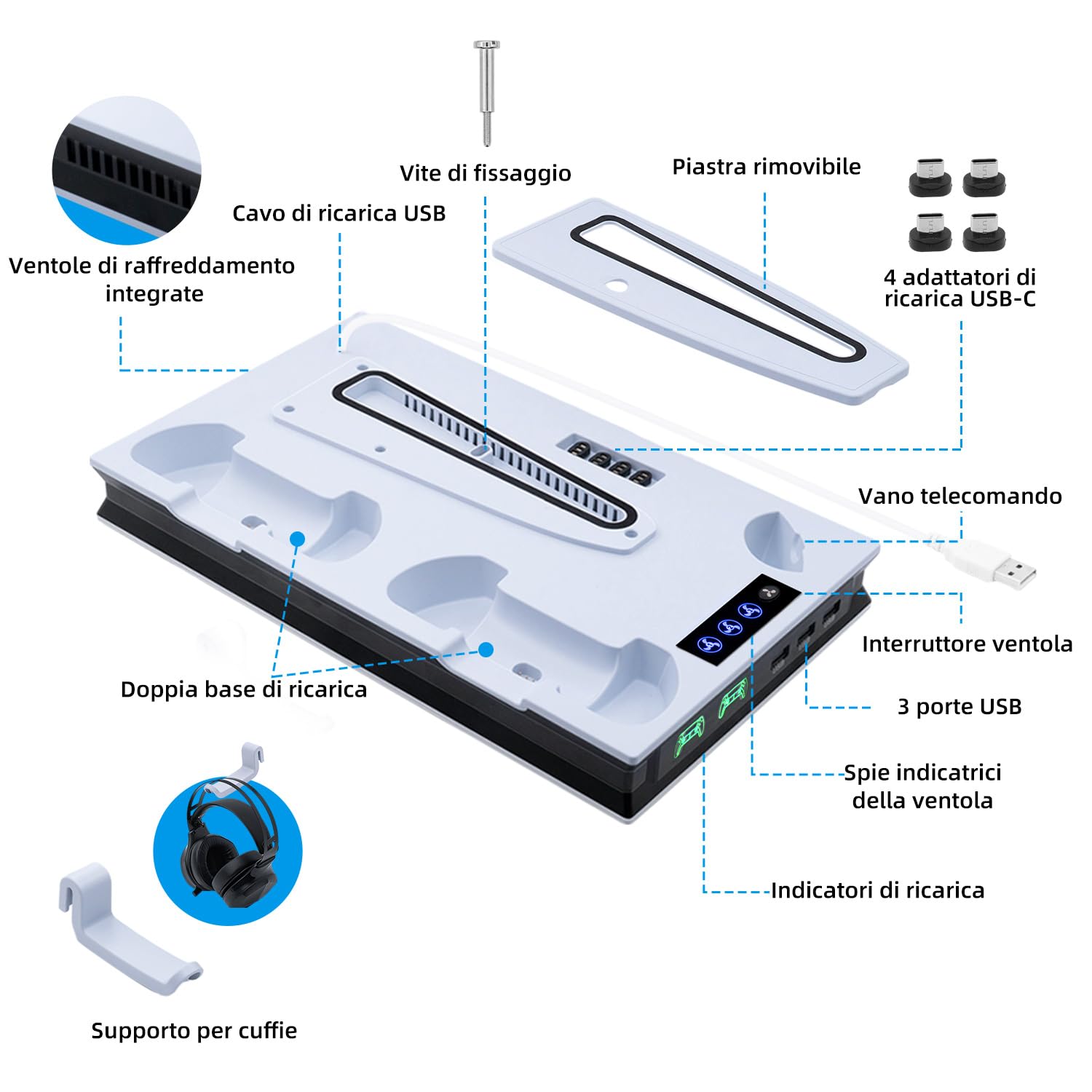 Mcbazel PS5/PS5 PRO/PS5 Slim Verticale Supporto di Raffreddamento, Stazione Ventola di Raffreddamento Regolabile con Supporto Cuffie,Stazione di Caricatore Doppio Controller Joystick per PS5 Slim/PS5