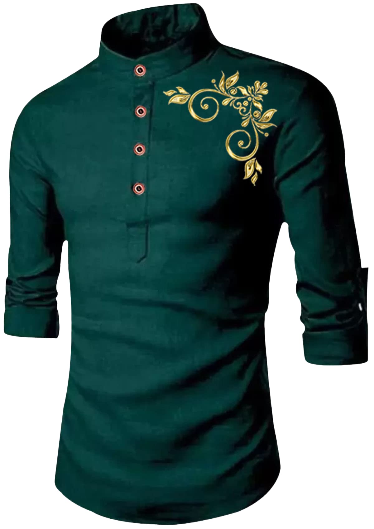DEELMO Men's Cotton Blend Full Sleeve Short Kurta Shirt with Mandarin Collar