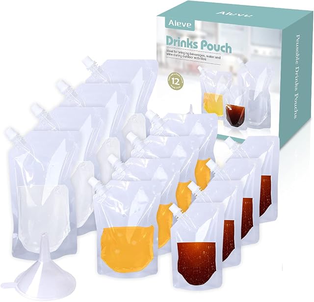12 Pack Drinks Pouches for Festivals, AIEVE Alcohol Liquor Juice Pouches Concealable Plastic Flasks, Reusable Drinks Flasks Leak Proof with Spout/Funnel, 220ml,420ml,500ml