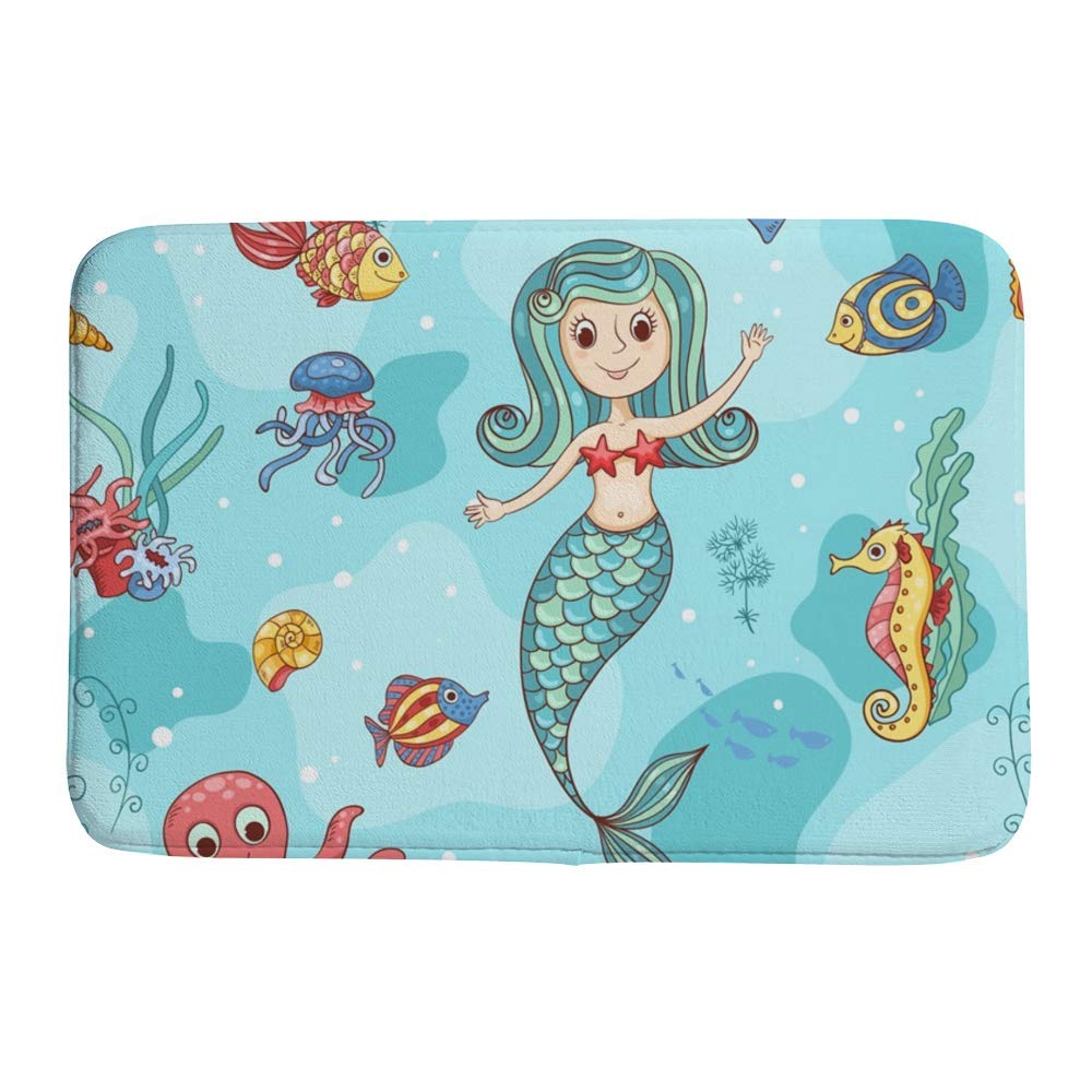 Tapis de bain sirène bleu Ruchen en velours corail antidérapant 91x61 cm
