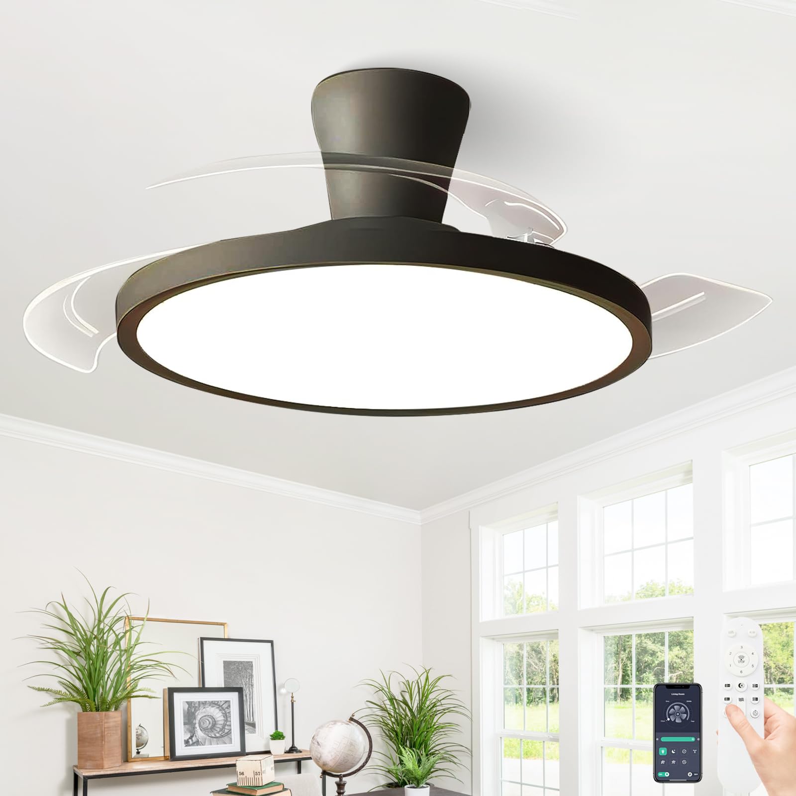 SXDMOUBK Intelligent Ceiling Fan Remote Control Silent Retractable Ceiling Fan LED Dimmable and Reversible Fan Lights Ceiling for Bedroom 6-Speed Fans for Living Room-Black||105cm