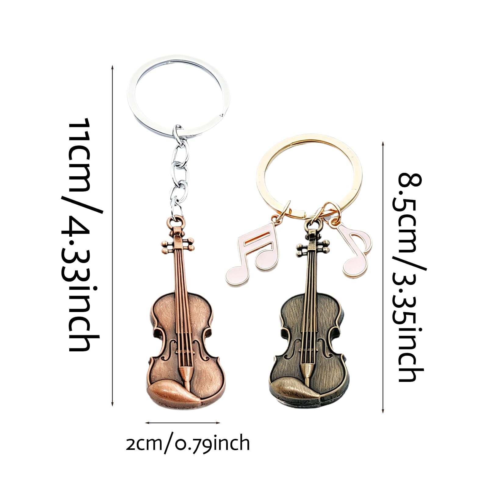 Zinc Alloy Violin Keychain, Weathered Charm in Bronze and Red Copper, Pocket-Sized Tiny Violin Keyring with Musical Notes - 4-Piece Set, Artistic Decor for Music Lovers