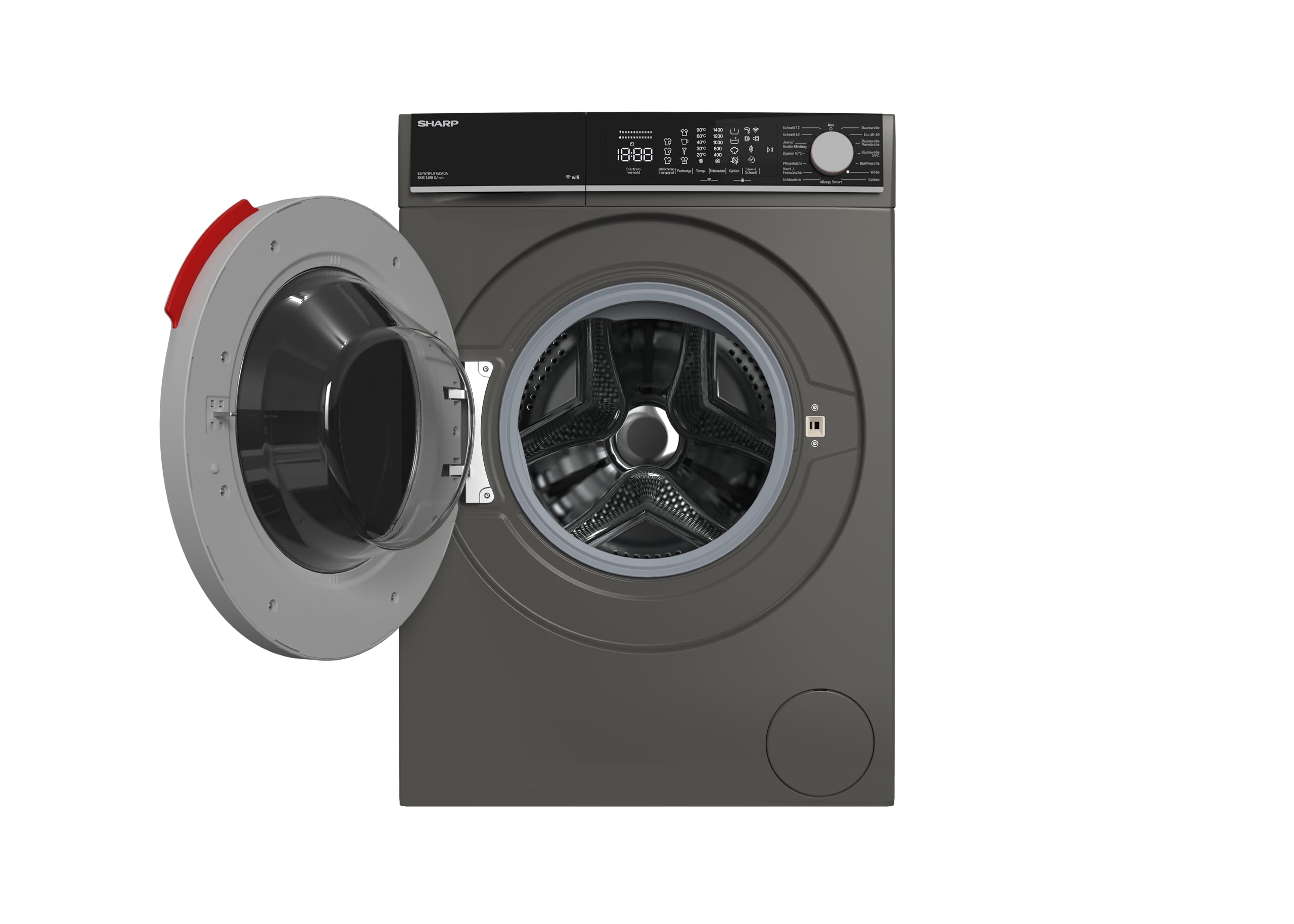 SHARP Waschmaschine ES-WNFL814CADA-DE – Frontlader 8 kg, Energieeffizienzklasse A, 1400 U/min, Advanced Inverter Motor, Super Silent, AquaStop, WiFi App-Steuerung, Dampffunktion, Espresso Gray