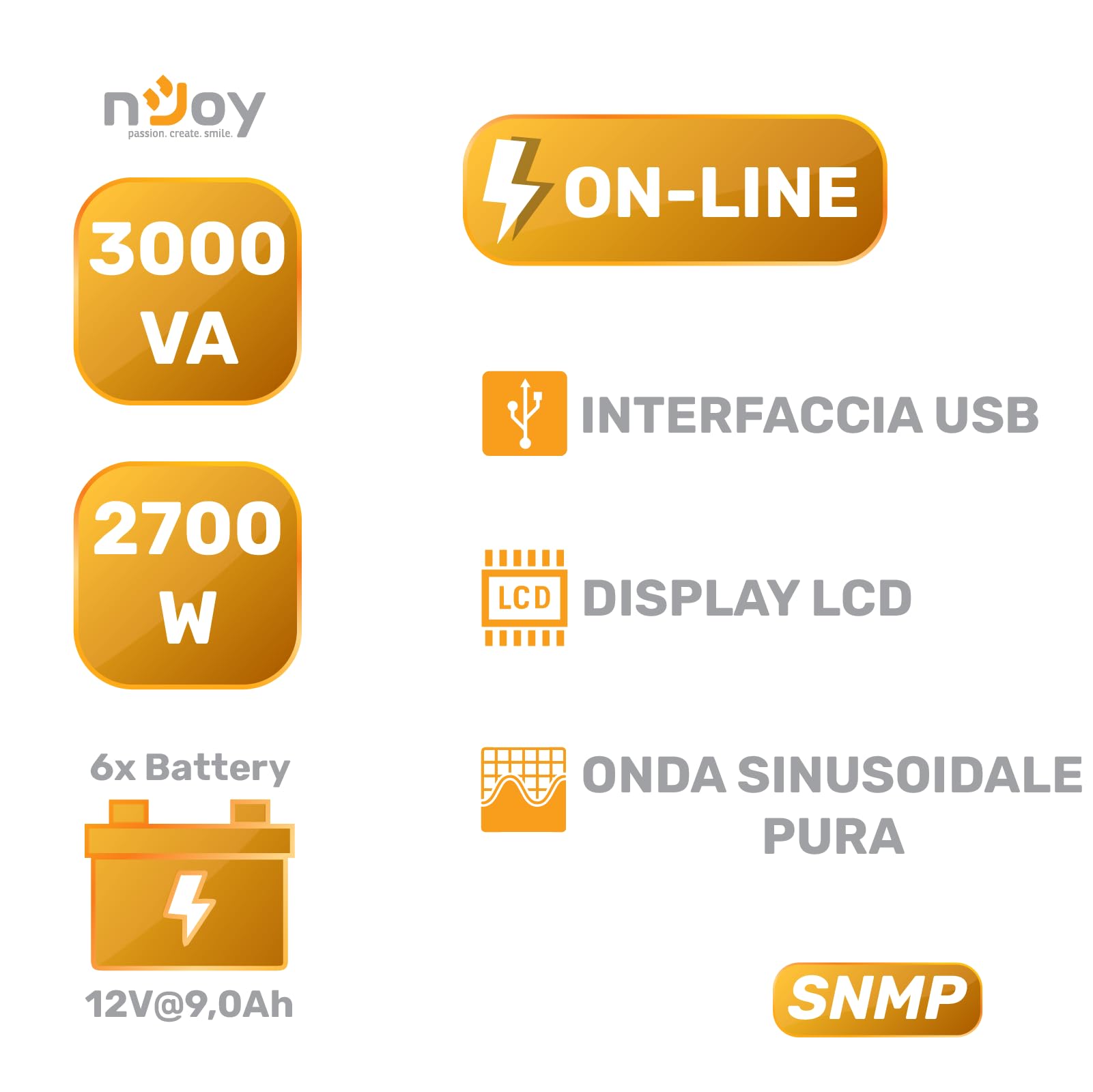 NJOY Aten Pro 3000 Gruppo di Continuità 3000VA 2700W | Doppia Conversione Online | Onda Sinusoidale Pura | 4 Schuko | USB RS232 Slot SNMP | 6 batterie da 12V 9Ah | UPS Server Rack Datacenter