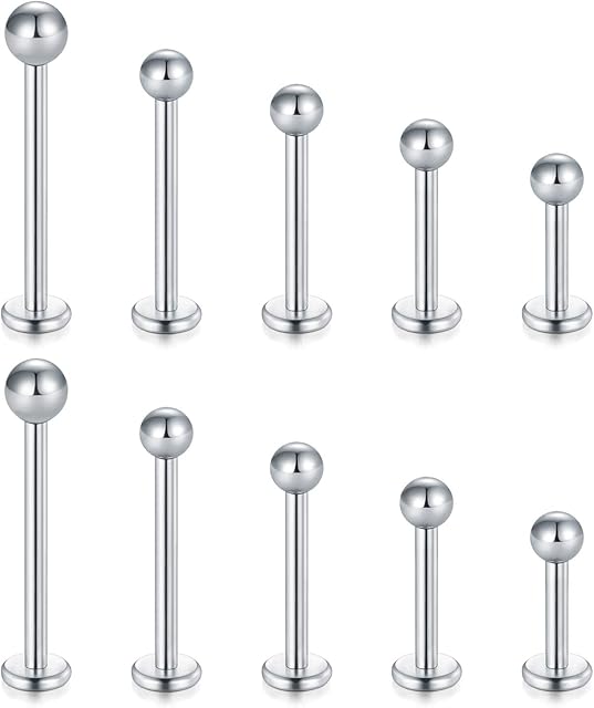 5 Pairs (10PCS) 16G Stainless Steel Labret Monroe Lip Ring Tragus Helix Earring Stud Piercing Jewelry 6mm 8mm 10mm 12mm 14mm