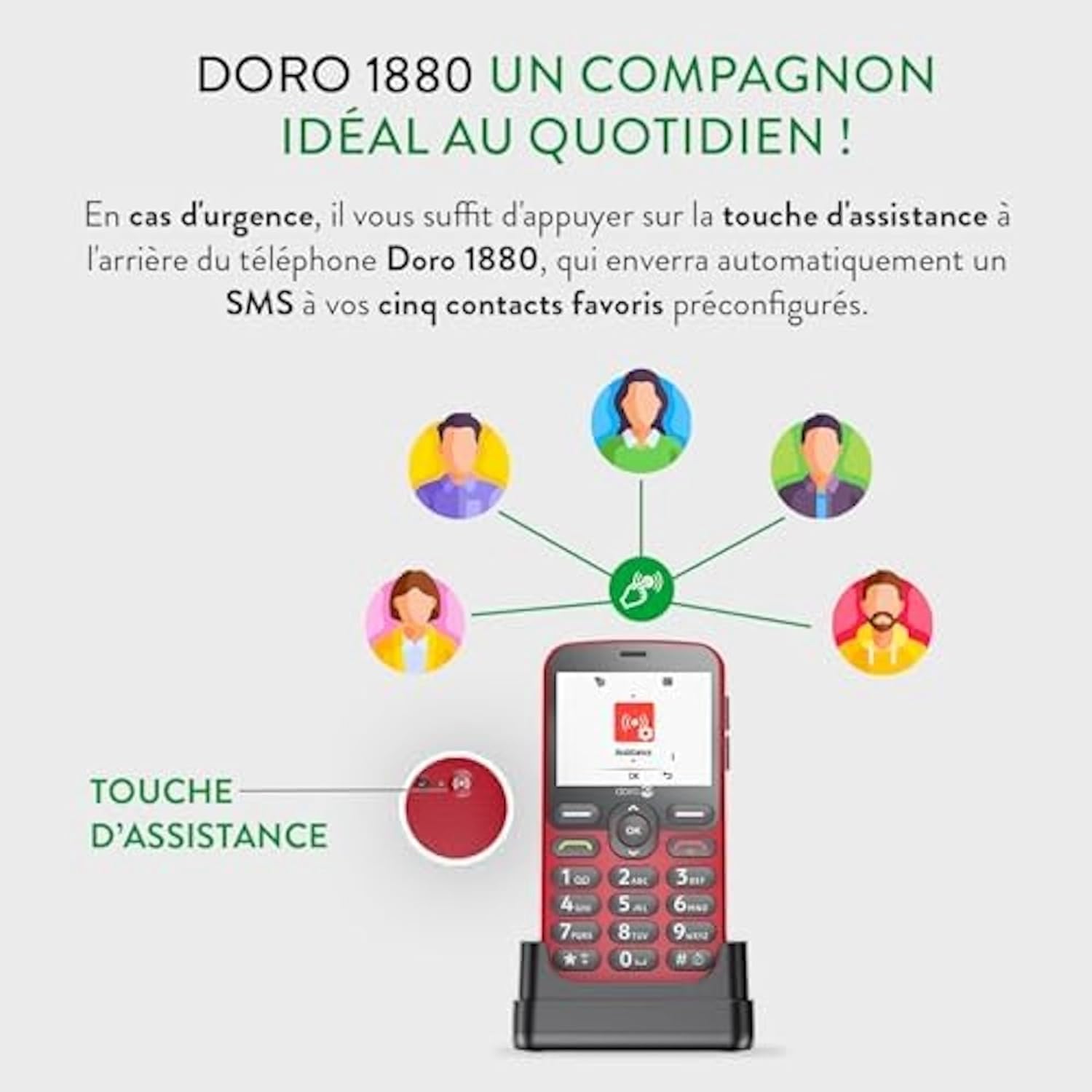 Doro - Téléphone 1880 - Téléphone Portable Senior 4G - Grand Écran Et Grandes Touches - Facile à Utiliser - Touche d'Assistance - Compatible Appareils Auditifs - Socle de Recharge Inclus - Rouge