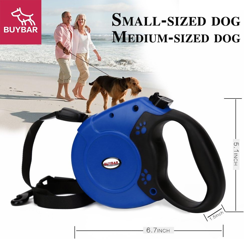 BUYBAR Eco-Friendly Retractable Nylon Dog Leash with One Button Lock and Ergonomic Hand Grip, Large, Blue