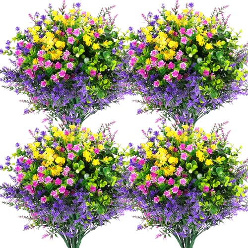 Hananona 12 Pcs Artificial Flowers Outdoor, Faux Artificial Plants UV Resistant Plastic Flower Bulk for Hanging Planter Porch Window Home Wedding Fall Summer Decor (12, Multiple Color)