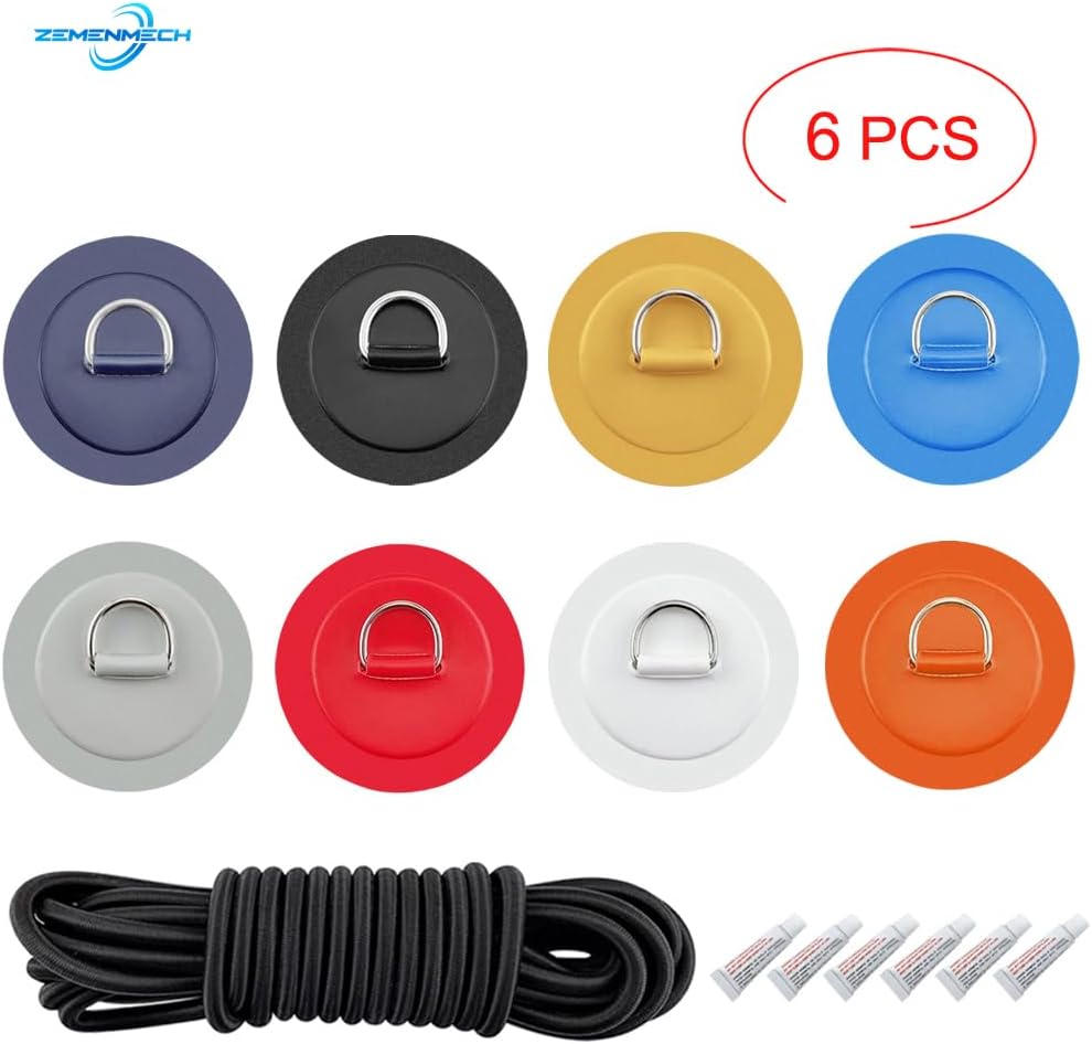 6PCS/Lot Surfboard Dinghy Boat PVC Patch With Stainless Steel D Ring Deck Rigging Sup Round Ring Pad 5m Elastic Bungee Rope Kit - (Style A, Color: Yellow)