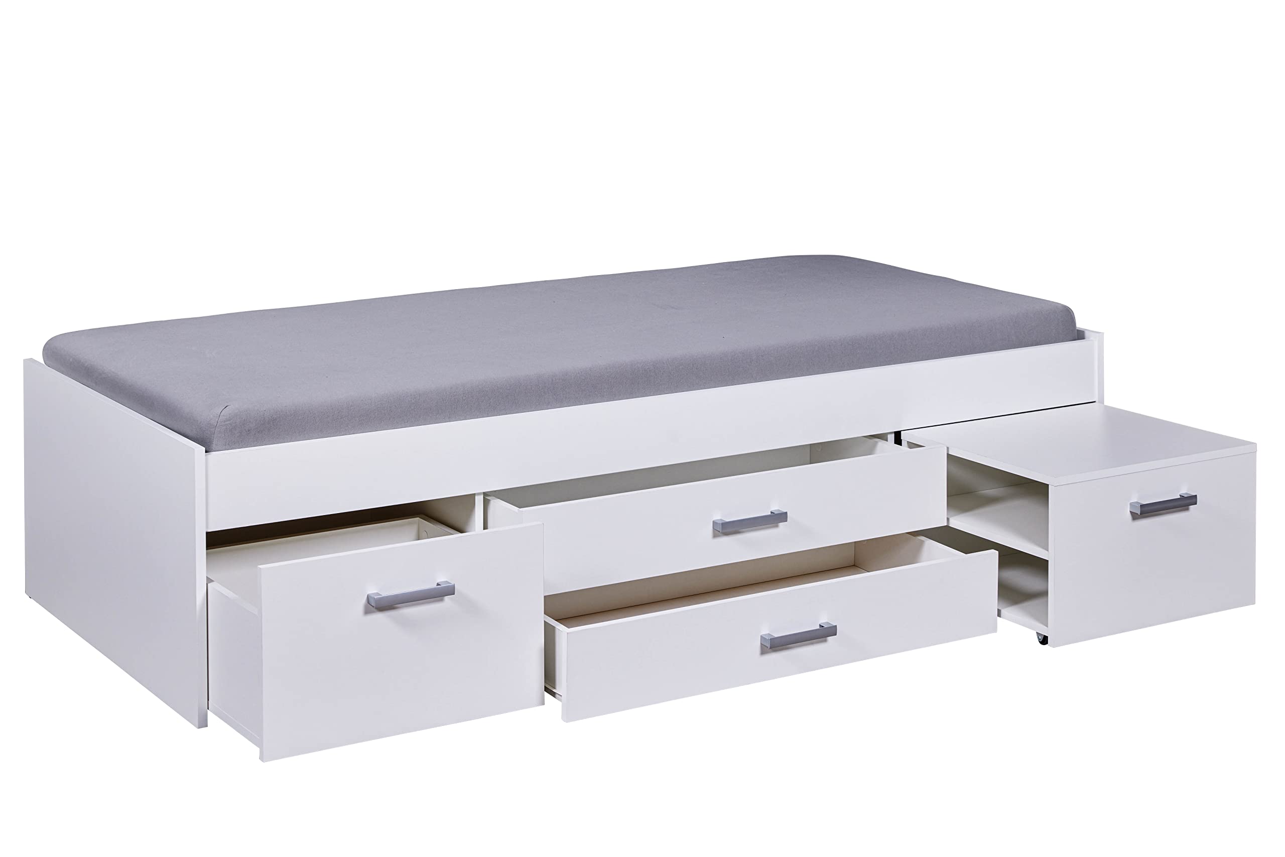 Inter Link Letto funzionale, Letto con contenitore, Letto con cassetti e comodino, Colore laccato bianco, Per adulti, bambini, ragazzi, Letto singolo, Ranya 90 x 200 cm