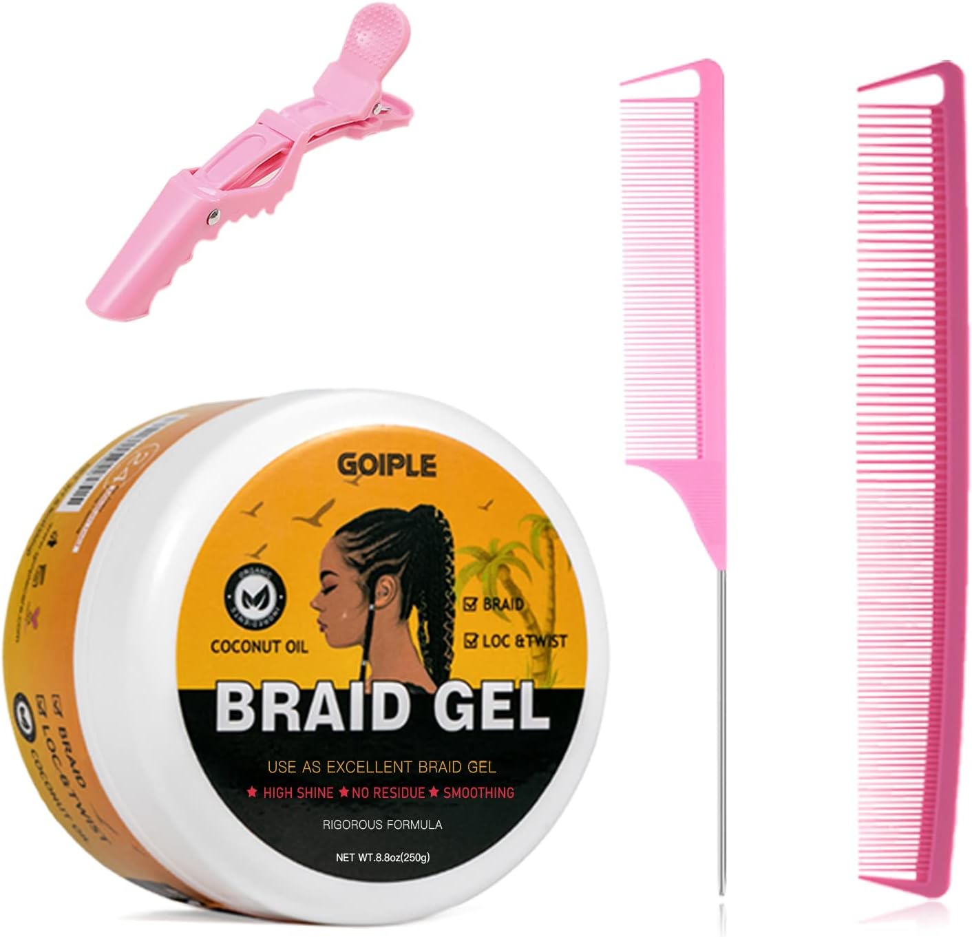 Strong Hold Braid Gel Good for Twist, Locs, Braids, Edge No Flake Extra Hold High Shine Braiding Gel & Edge Control 8.8oz with Hair Combs
