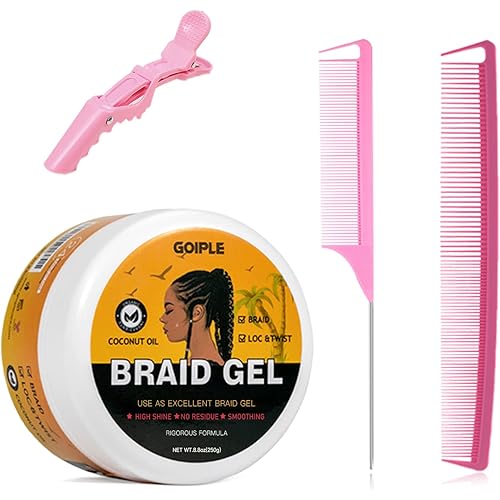 Goiple Strong Hold Braid Gel Good for Twist, Locs, Braids, Edge No Flake Extra Hold High Shine Braiding Gel & Edge Control 8.8oz with Hair Combs