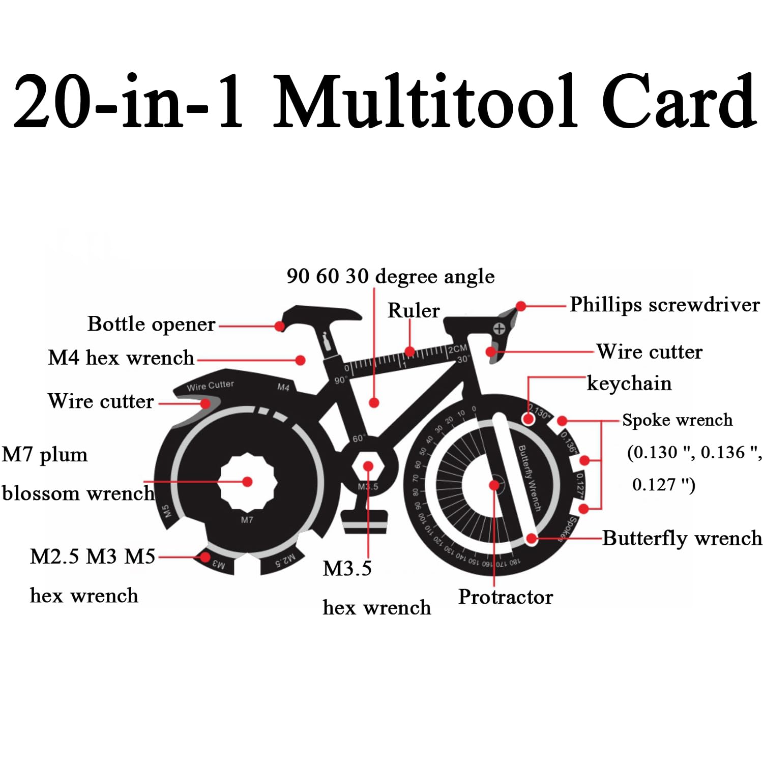 1 tarjeta multiherramienta 20 en 1 con forma de bicicleta, herramienta de bolsillo multiusos para deportes al aire libre supervivencia